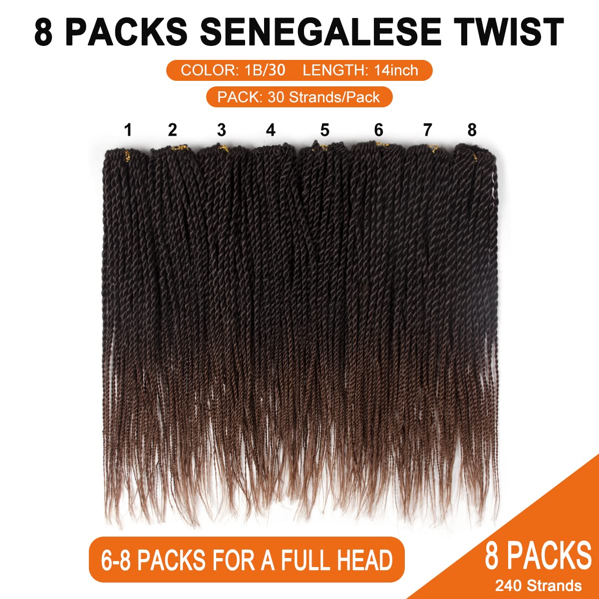 NAYOO Senegalese Twist Crochet Hair - 8 Packs 14 Inch Crochet Hair For Black Women, 30 Strands/Pack Small Twist Crochet Hair Hot Water Setting, Crochet Braids Hair with Natural Ends(14 Inch,1B/30)