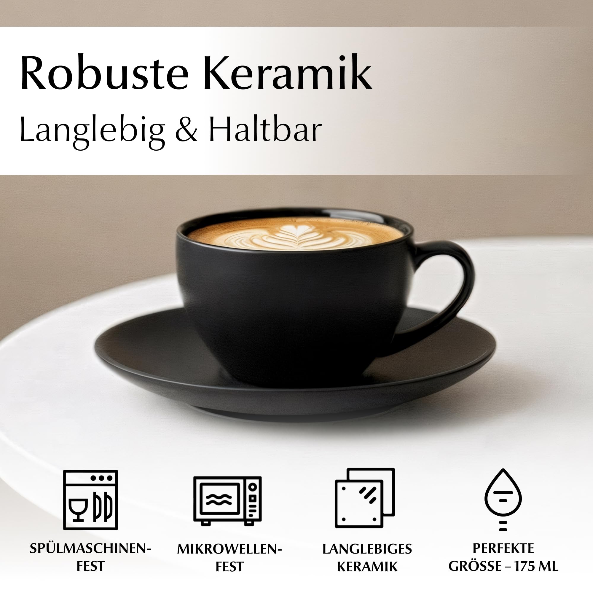 MIAMIO - 6 x 175 ml Tasse Cappuccino Tassen mit Unterteller & Ständer/Cappuccinotassen Set - Le Papillon Kollektion (Schwarz)