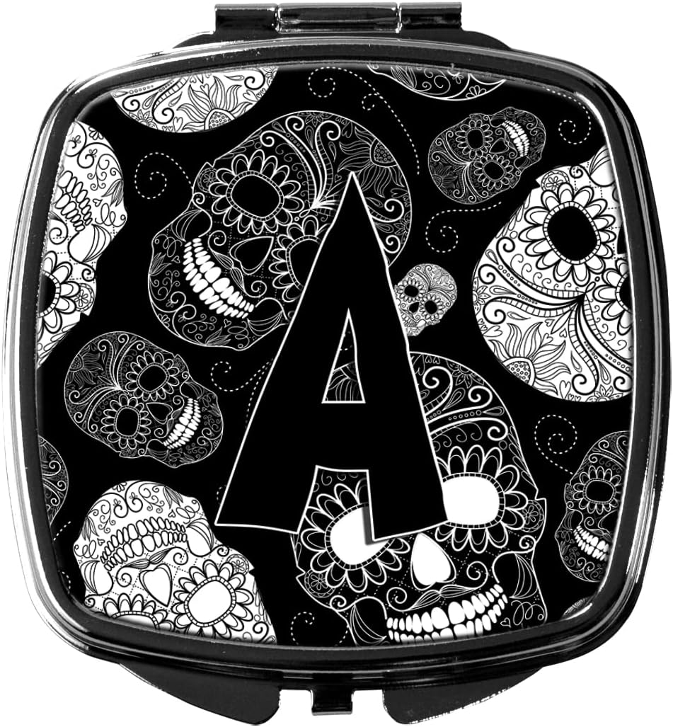 Caroline's Treasures CJ2008-ASCM Letter A Day of the Dead Skulls Black Compact Mirror Decorative Travel Makeup Mirror for Women Girls Gifts Pocket Makeup Mirror Folding Handheld