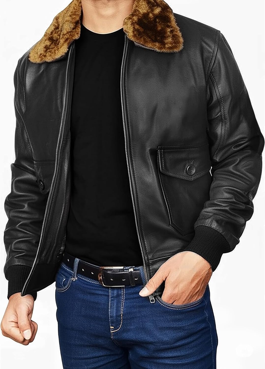 Mens G1 Aviator Pilot Removable Fur Collar Bomber Leather Jacket Black/Brown-Real/Faux - Image 2