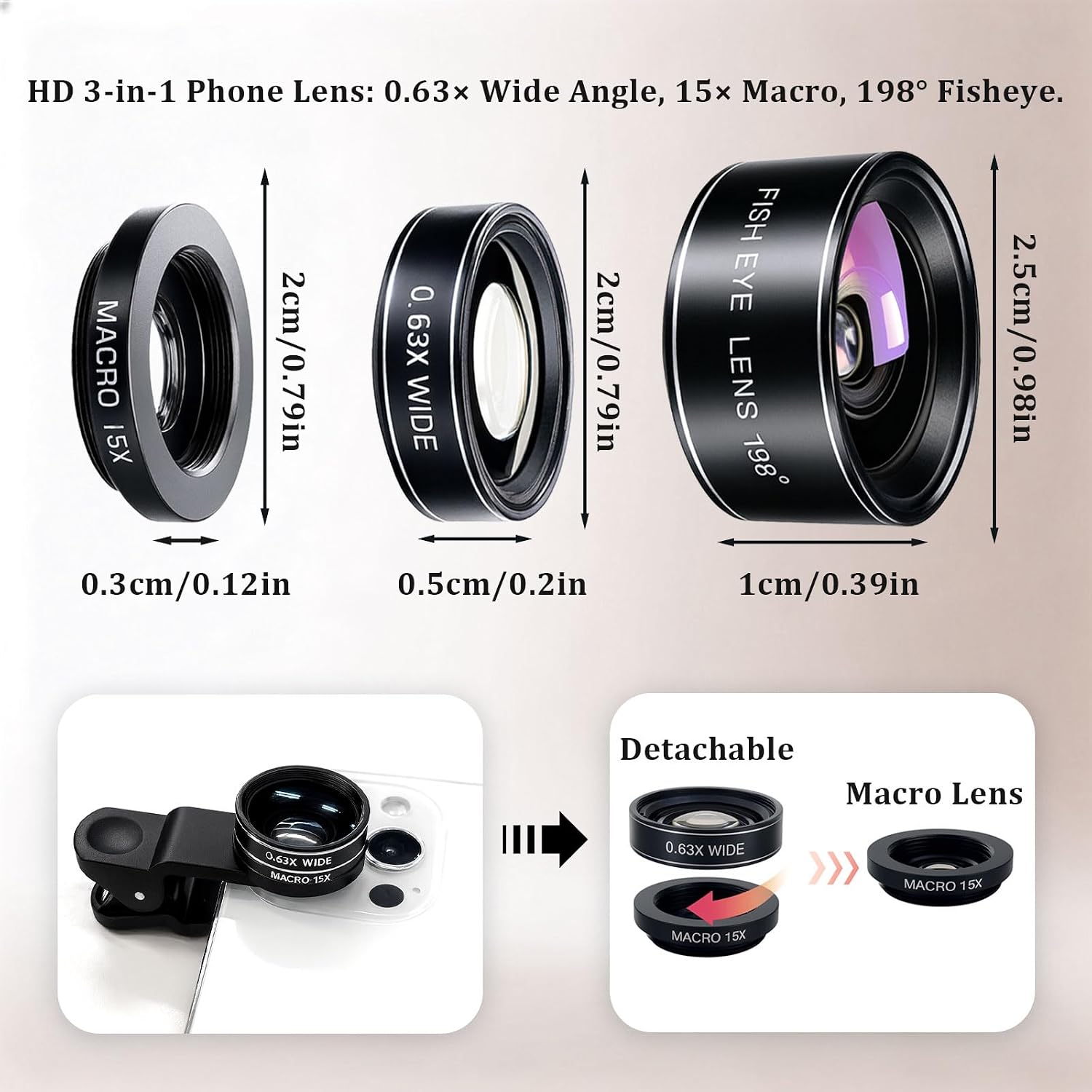 3-in-1 Smartphone Camera Lens Kit – 198° Fisheye, 0.63× Wide-Angle & 15× Macro Clip-On Lens Set for iPhone, Samsung & Android Phones (Black)