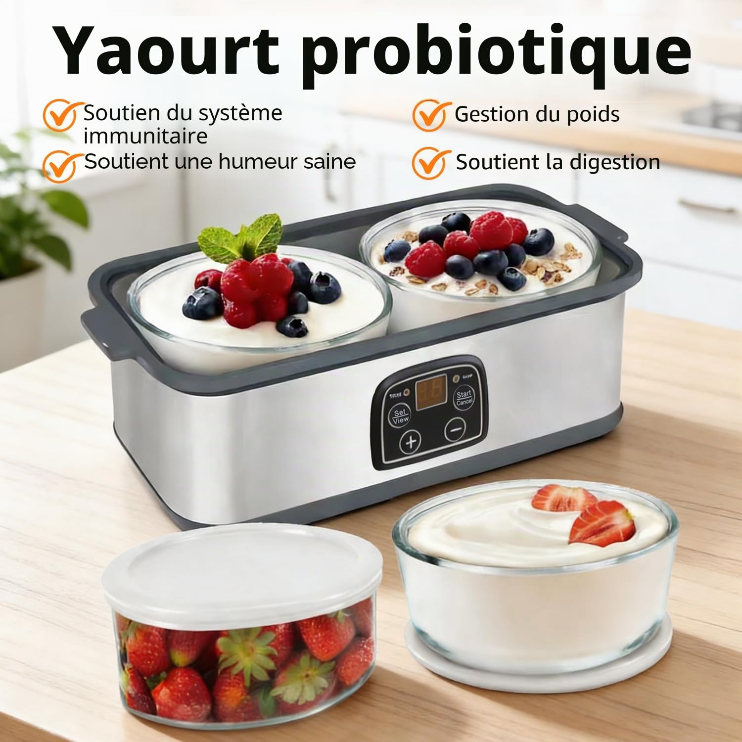 Yaourtière Automatique, 2L Machine à Yaourt Maison avec Affichage LED et 2 Récipients en Verre, Température et Minuterie, pour Préparation de Yaourts Bio, Produits Laitiers, Fromage, Natto