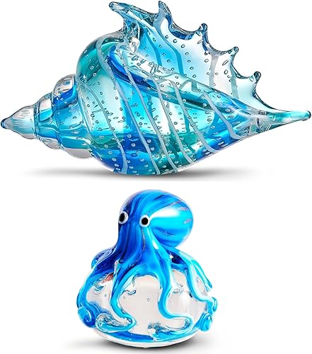 EUSTUMA Adorno de cristal soplado a mano, caracola, pulpo, colección de animales marinos para regalo de cumpleaños, pisapapeles de oficina de vidrio