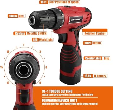 108 Piece Power Tool Combo Kits with 16.8V Cordless Drill, Household Tools Set with DIY Hand Tool Kits for Professional Garden Office Home Repair Maintain-Black/Red