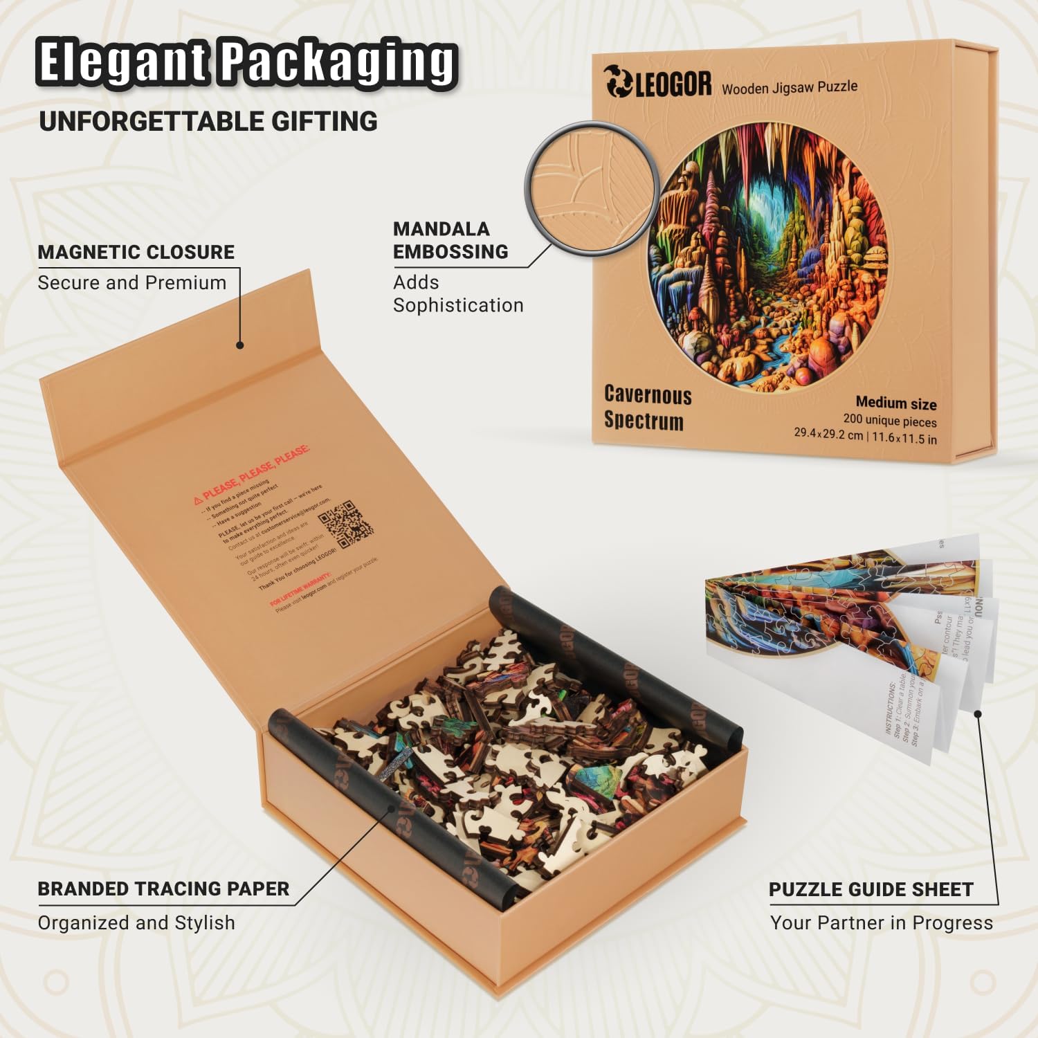 LEOGOR Wooden Jigsaw Puzzles for Adults 200 Pieces (11.6 × 11.5 in), Cave Puzzle, Extra-Thick 5mm Wood, Round 3D Mosaic Design, Unique Animal Shapes, Relaxing Artistic Gift for Adults and Teens