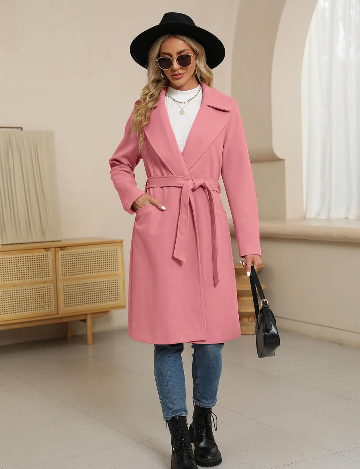 BZB Women's Trench Coat Long Wool Blend Pea Coat Winter Casual Overcoat Notched Lapel Collar Belted Long Jacket Outerwear - Image 6