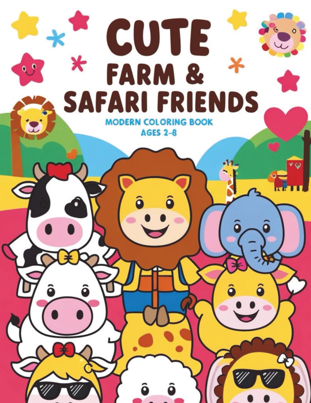 Cute Farm & Safari Friends: A Fun Coloring Adventure with 48 Adorable Animals for Kids Ages 2– 8