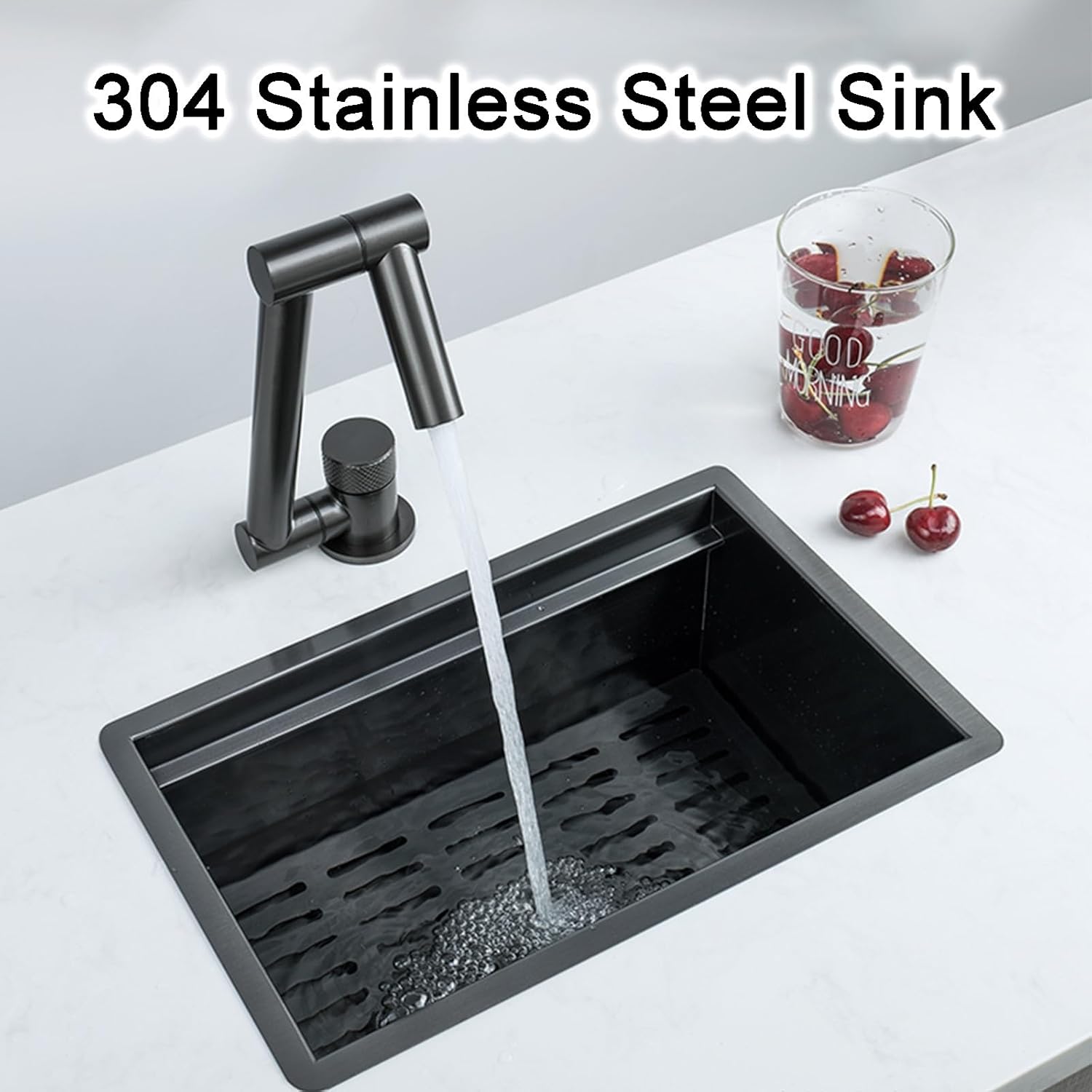 Small Camper Sink with Foldable Faucet & Cover 304 Stainless Steel Sink for Office Laundry Wet Bar and Outdoor Use Compact Size(Black-350 * 220 * 165mm)