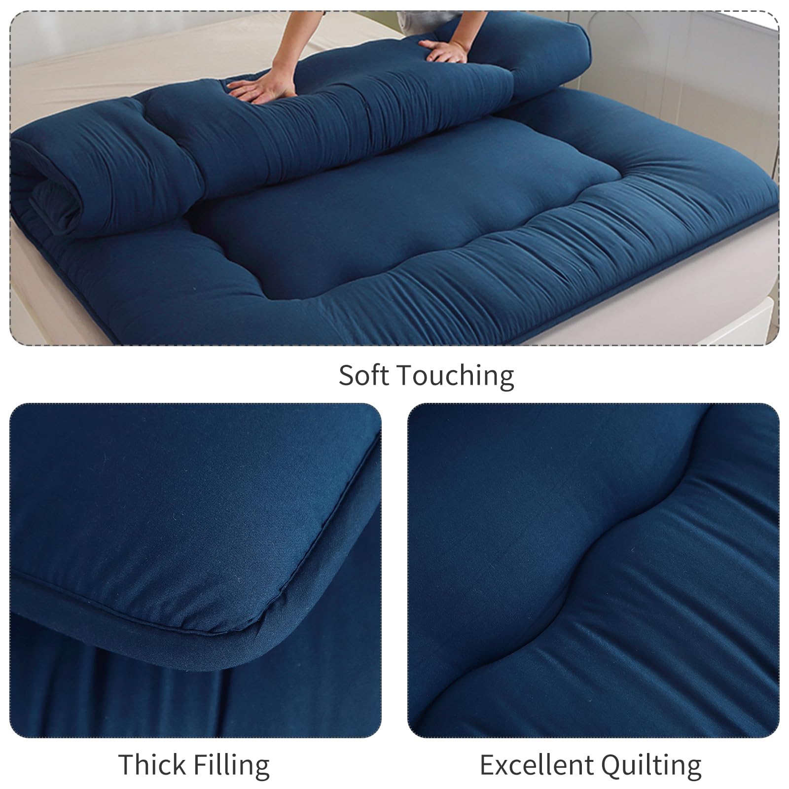 Futon-Matratze, japanische Bodenmatratze, Japanisches Bodenbett, faltbares Tatami-Bett, aufrollbare Schlafunterlage für Gästeraum, Schlafzimmer (Marineblau, Full-Matratze(137 * 203CM))