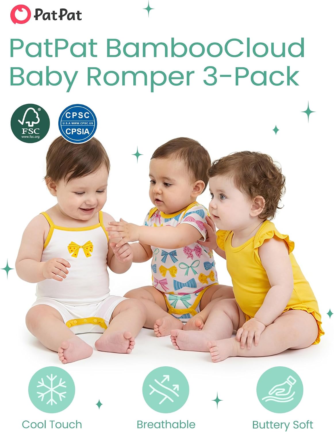 PATPAT Baby Girls Romper 3 - Pack with Bamboo Viscose, Newborn Footies with Snaps for Baby Infant Toddler Clothes Bodysuit