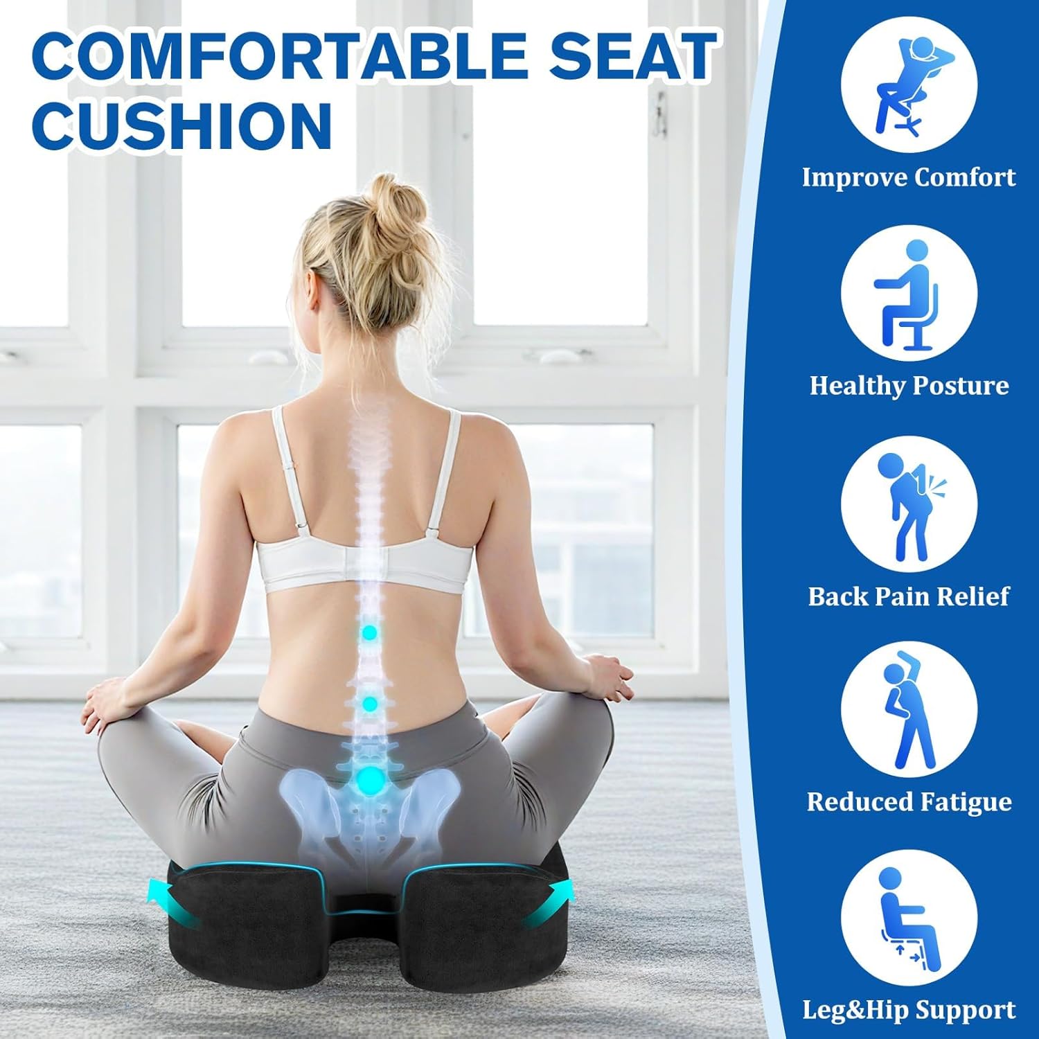 Seat Cushion, Gel Chair Cushions, Office Chair Cushions, Anti-Slip Bottom & Removable Cover Tailbone Pain Relief Cushion, Memory Foam Seat Cushion for Office, Wheelchair, Car (Black) - Image 5