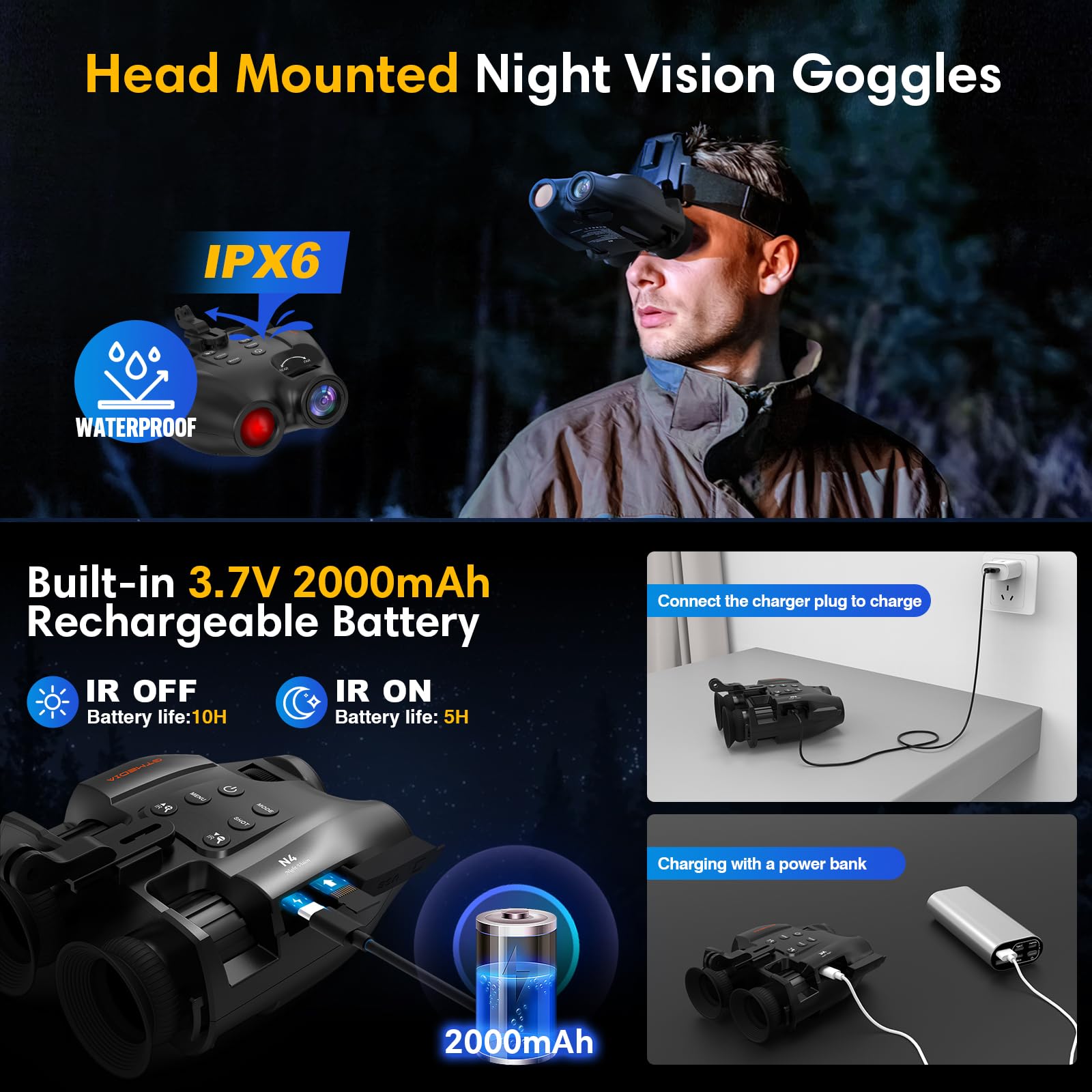 4k Binoculares Visión Nocturna Prismáticos de Visión Nocturna - Alcance 300m en Oscuridad Total, 5X Zoom, Grabación 1080P, Infrarrojo Ajustable, Resistente para Exteriores