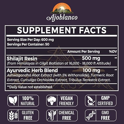 Miniatura 2 de Resina Shilajit Shilajit orgánica pura del Himalaya de 600 mg  Resina Shilajit del Himalaya con mezcla ayurvédica orgánica en alta potencia para