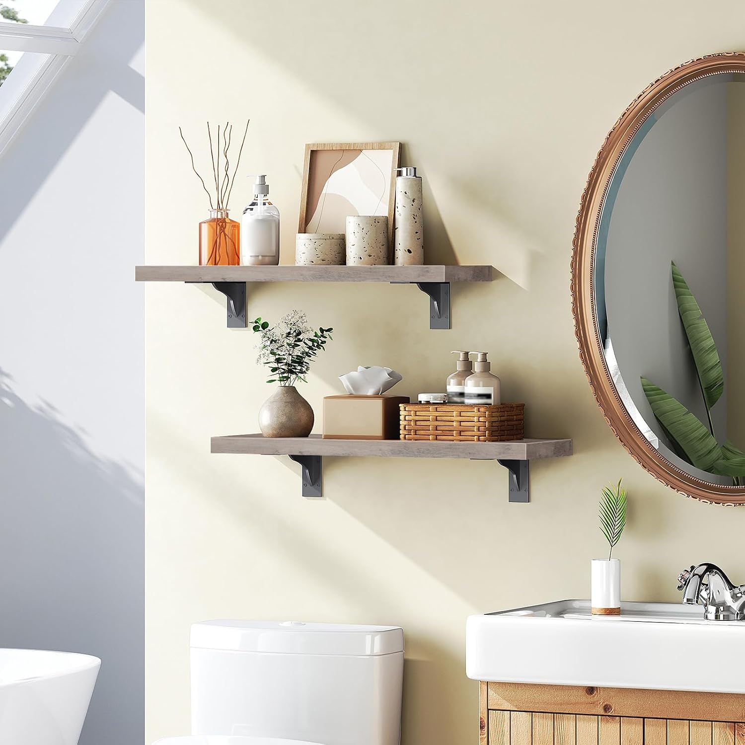 HOOBRO Floating Shelves for Wall, 15.7" Wall Mounted Shelves Set of 2 | Hanging Storage Shelf with Metal Brackets, Wooden Shelf for Living Room, Bedroom, Bathroom, Greige and Black