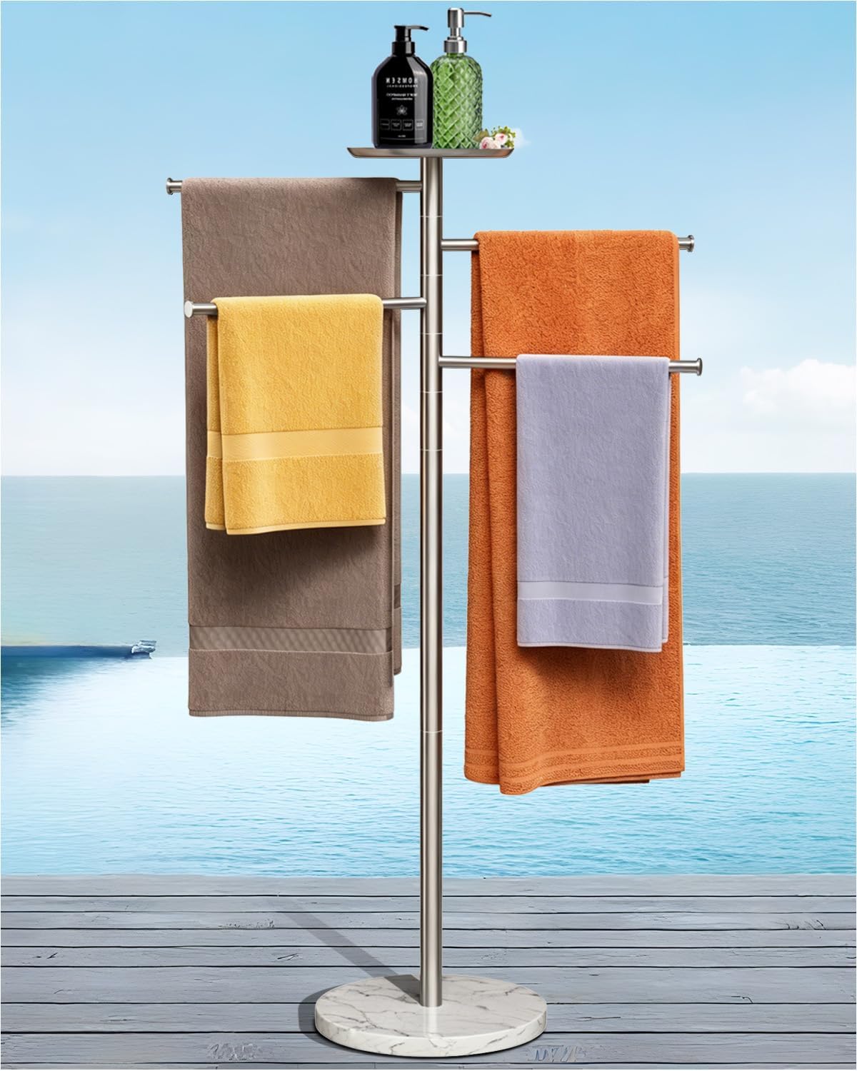 Marble Pool Towel Rack Outdoor - 45 Inch Stainless Steel Standing Towel Racks 4 Swivel Towel Arms Towels Holder for Pool Patio Bathroom