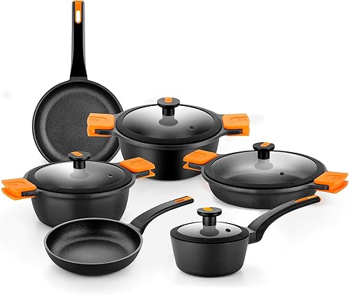 BRA COOKWARE Efficient Pro - Juego de utensilios de cocina antiadherentes de 10 piezas, juego de ollas y sartenes de aluminio fundido con 2 ollas, 1