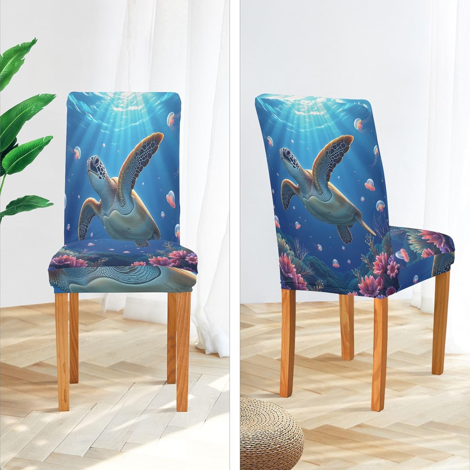 ALAZA Chair Covers for Dining Room, Turtle Jellyfish Stretch Chair Cover Sets Chair Protector Removable Washable for Ktichen Restaurant Hotel
