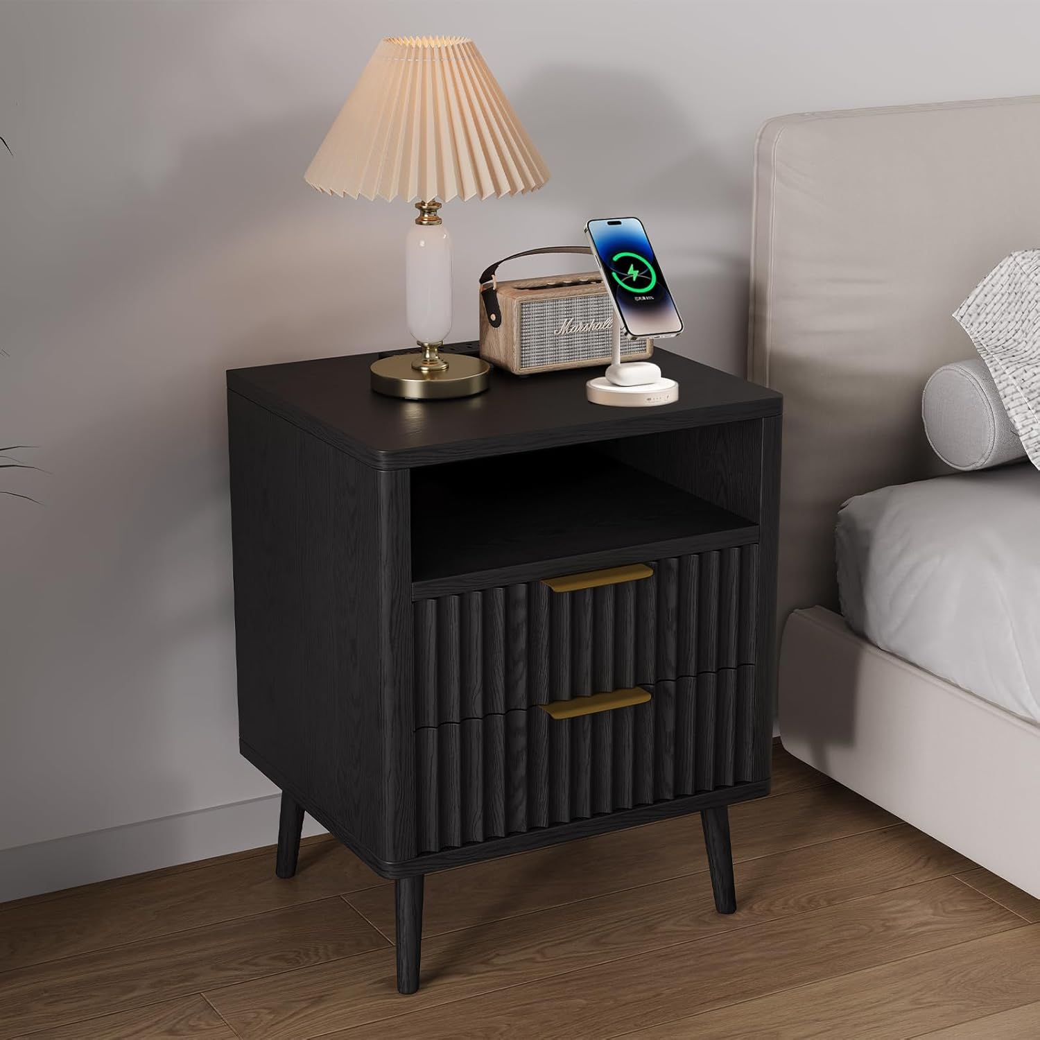 Fluted Nightstand with Charging Station, 2 Drawer Bedside Table, 18" Modern Wood Side Table with Storage, End Table for Bedroom, Curved Profile Black