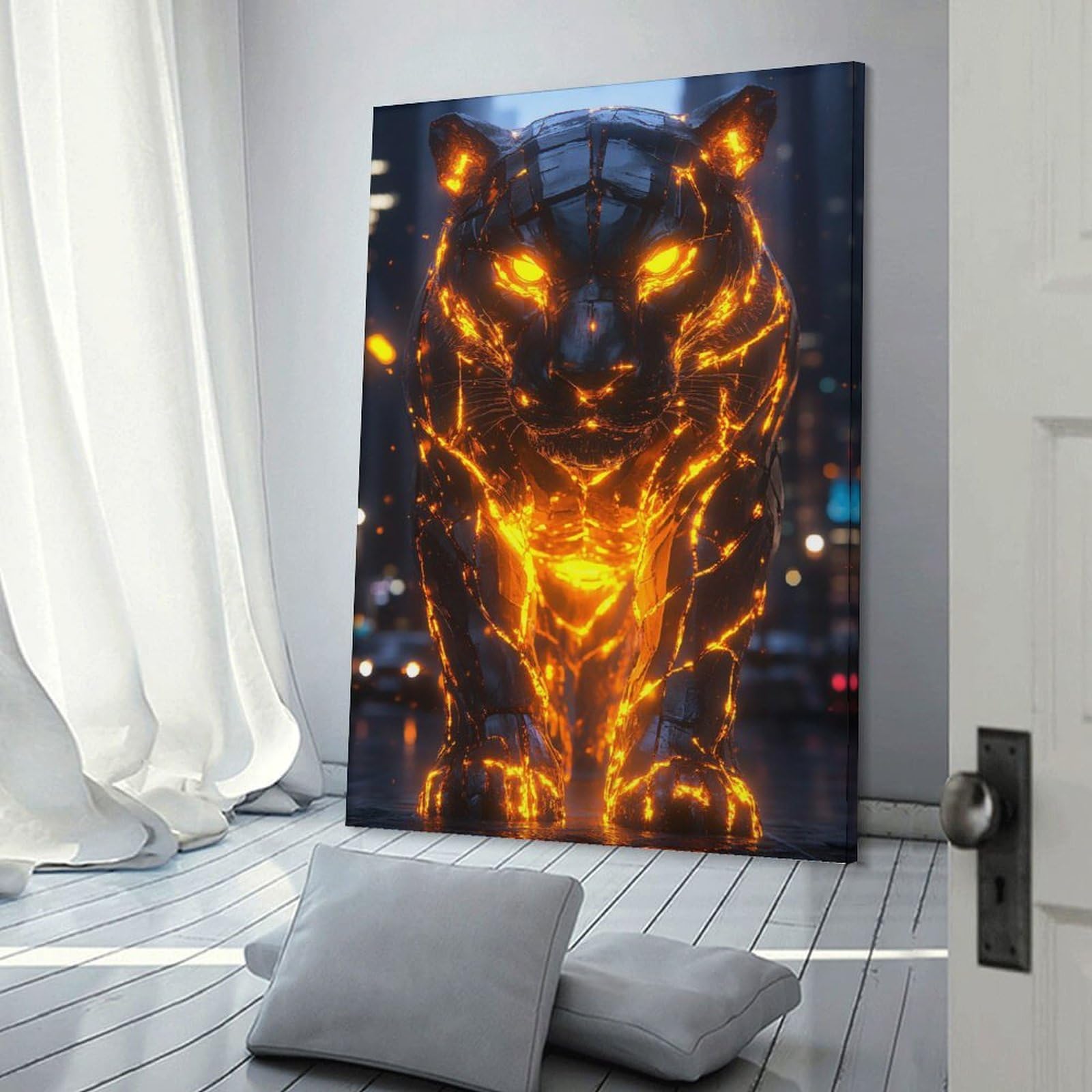 Junmoney Glowing Tiger in Cityscape Canvas Art Print, 08x12inch(20x30cm), for Wall Displays, Bedrooms Or Room Updates, Home Wall Art for Statement Displays
