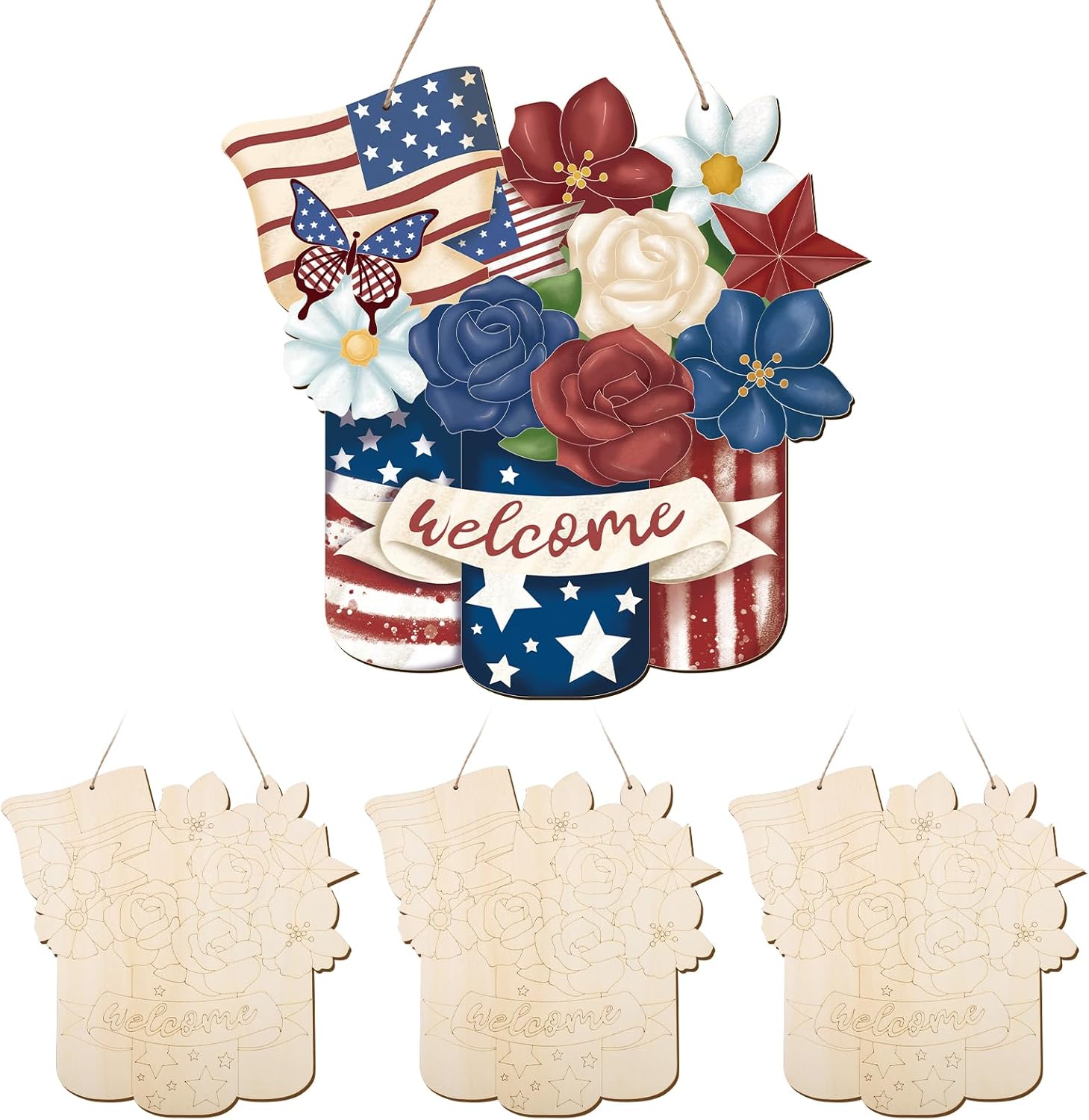 4th of July Wood Crafts to Paint for Kids Adults, 3 Sets Paintable Unfinished Wooden Patriotic Ornaments for Craft, Memorial Veterans Day DIY Cutouts Wreath for Painting Door Decorations (Patriotic)