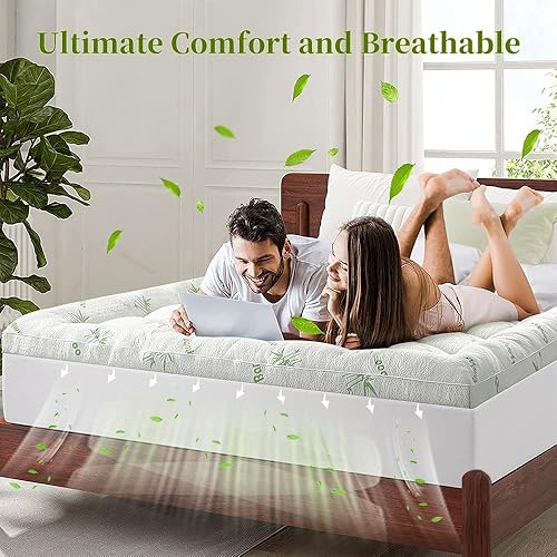 Shilucheng Cubrecolchón de bambú tamaño King, protector de colchón refrescante para dolor de espalda, acolchado, extra grueso, transpirable, con