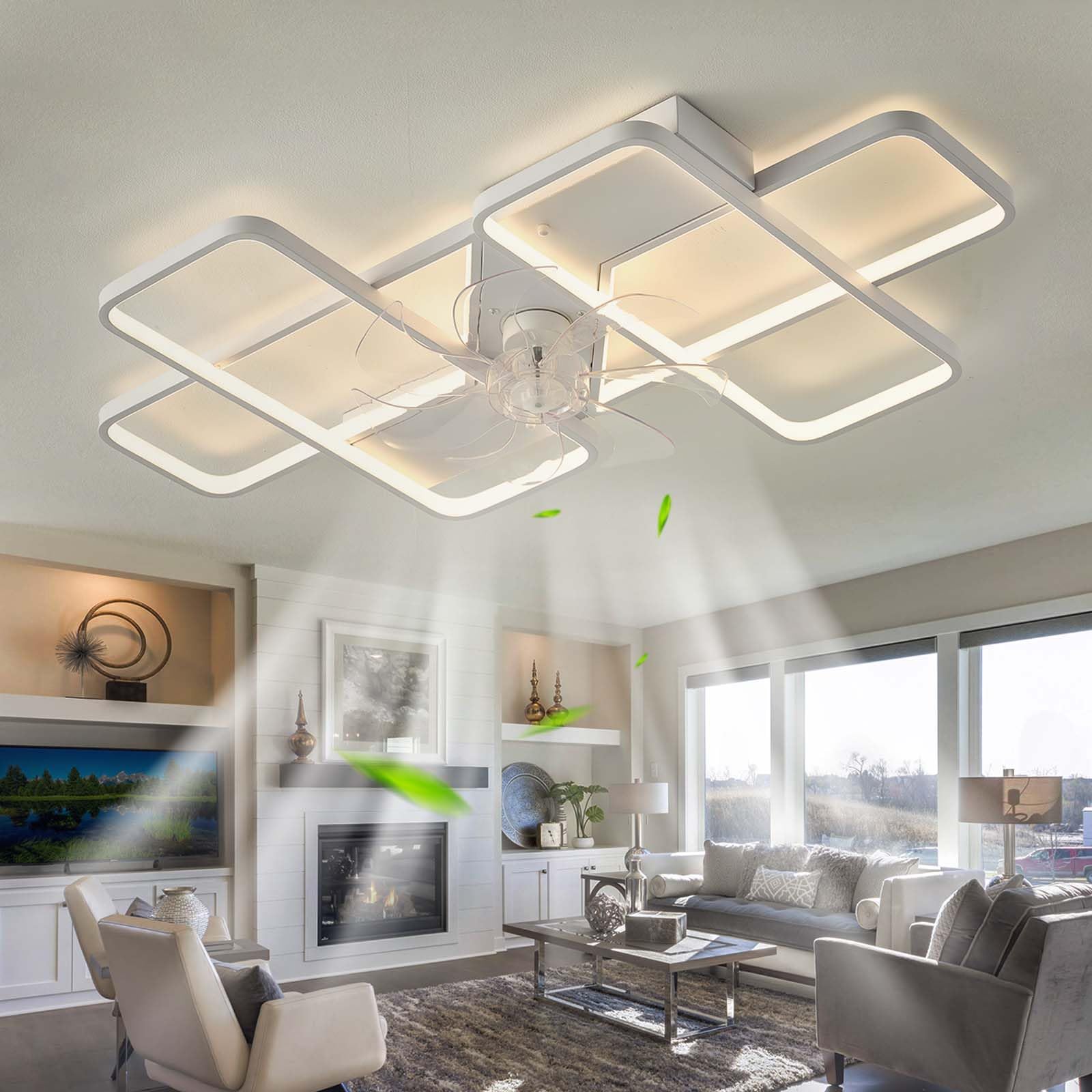 Dceinz LED Fan Light APP Dimmable Reversible Large Ceiling Light with Fan and Remote Control Silent 6 Speed Ceiling Light Fan Smart Modern Indoor 35inch for Bedroom, Kitchen, Living Room-White