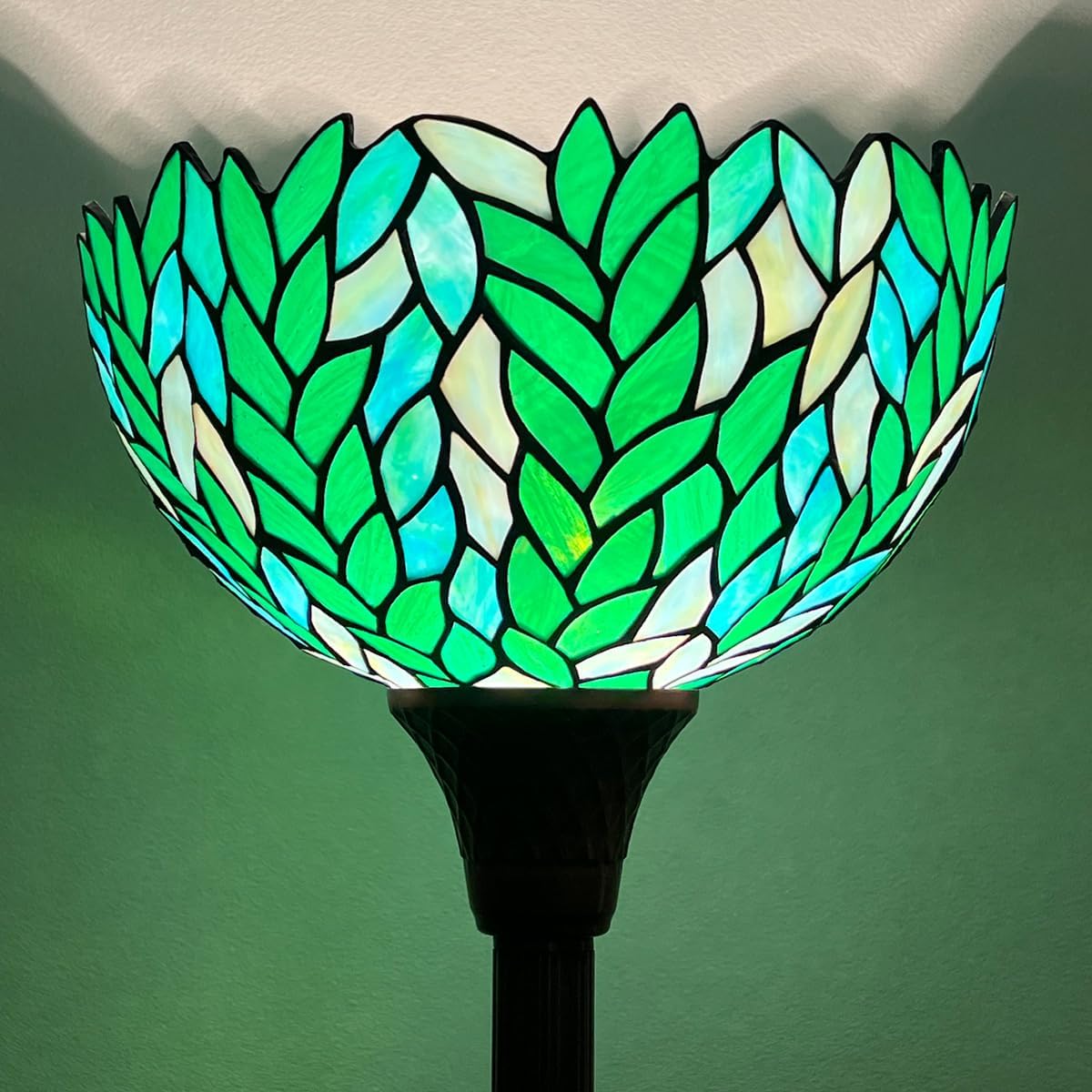 Tiffany Torchiere Floor Lamp,Antique Style Green Wisteria Stained Glass Corner Standing Torch Light for Living Room, Bedroom & Home Office W12 xH70