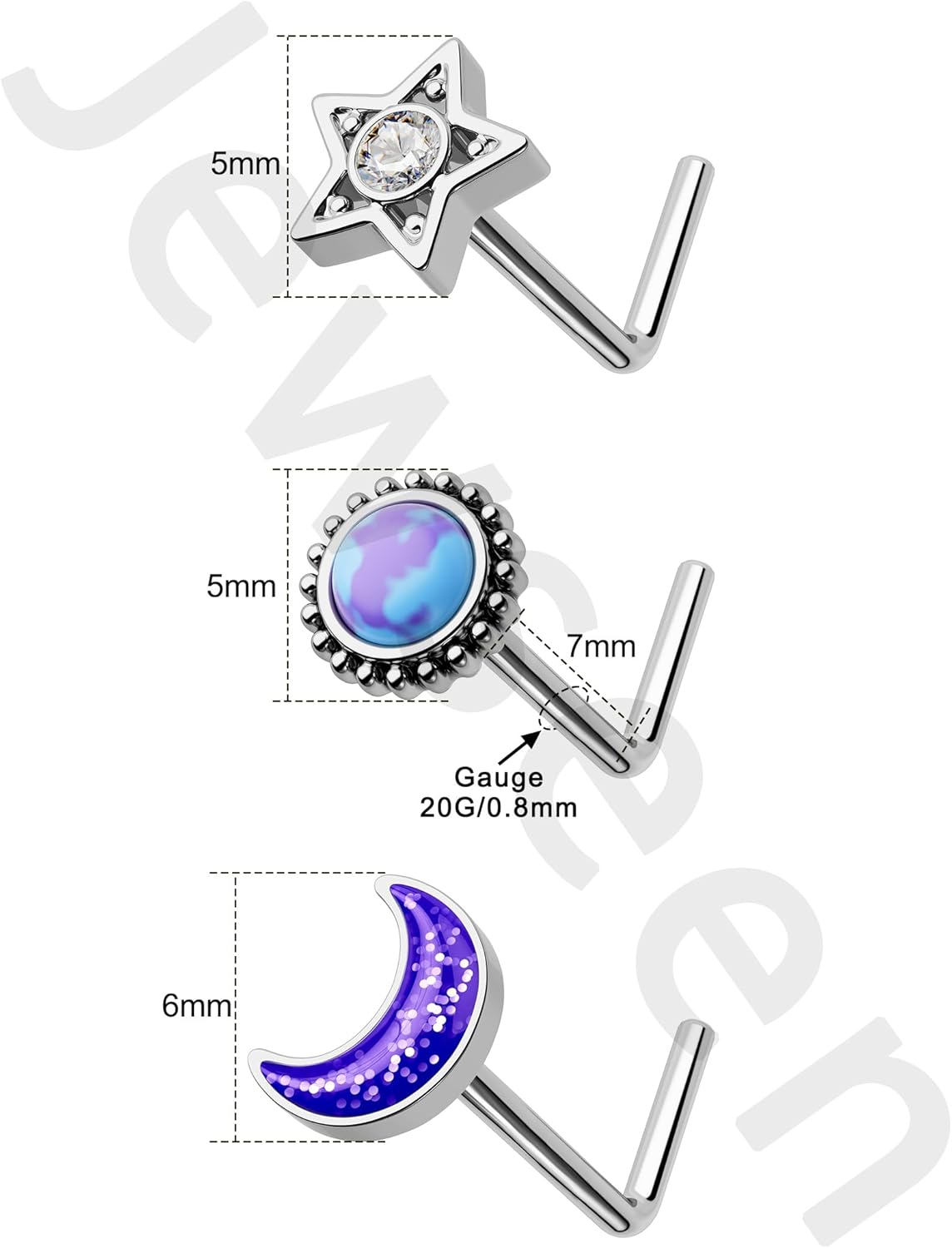 Jewseen 3Pcs Nose Rings Stud 20g Piercing Jewelry 316L Surgical Steel Moon Sun Star L Shaped Studs for Women Men - Image 5