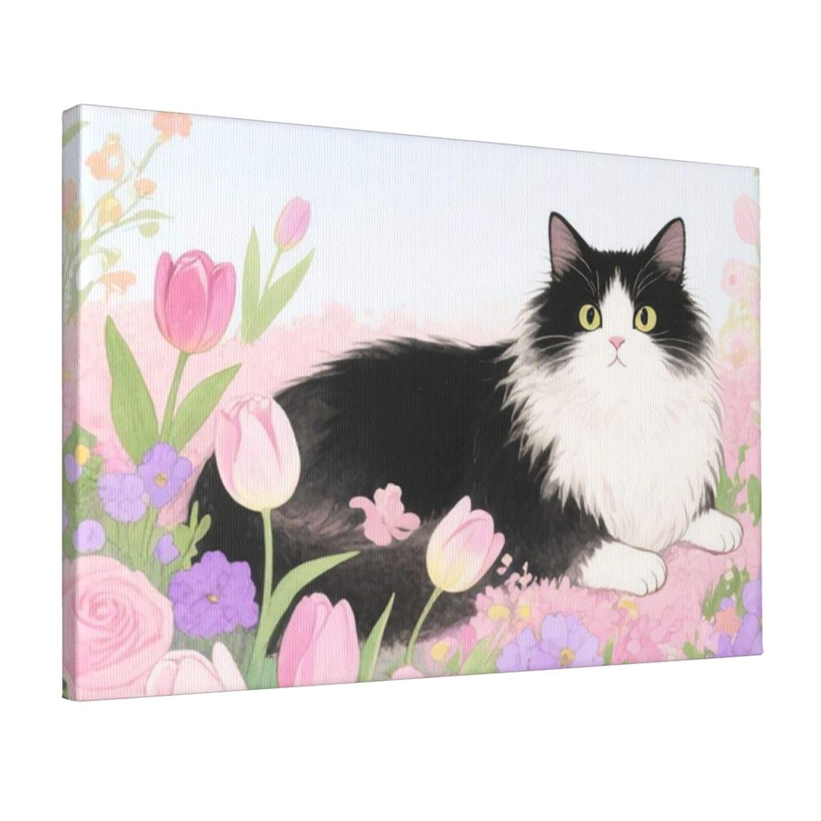 Fodpand Cat Floral Watercolor Unframed Canvas Wall Art,Modern Posters Print Wall Decor Canvas Oil Painting For Bedroom Living Room Bathroom Wall Hanging Artwork Ready To Hang 12"X18"