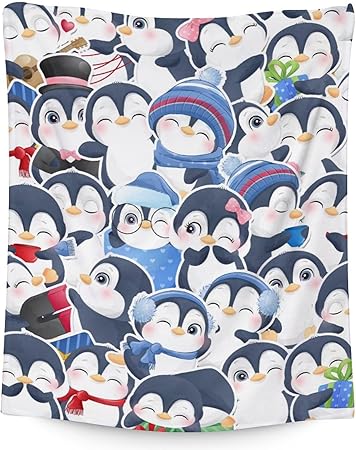 Penguin Blankets - Soft Fuzzy Blanket Throw for Kids, Adults - 60"x80" Flannel Blankets for Bed, Couch & Living Room - Blue Cute Blanket Gifts