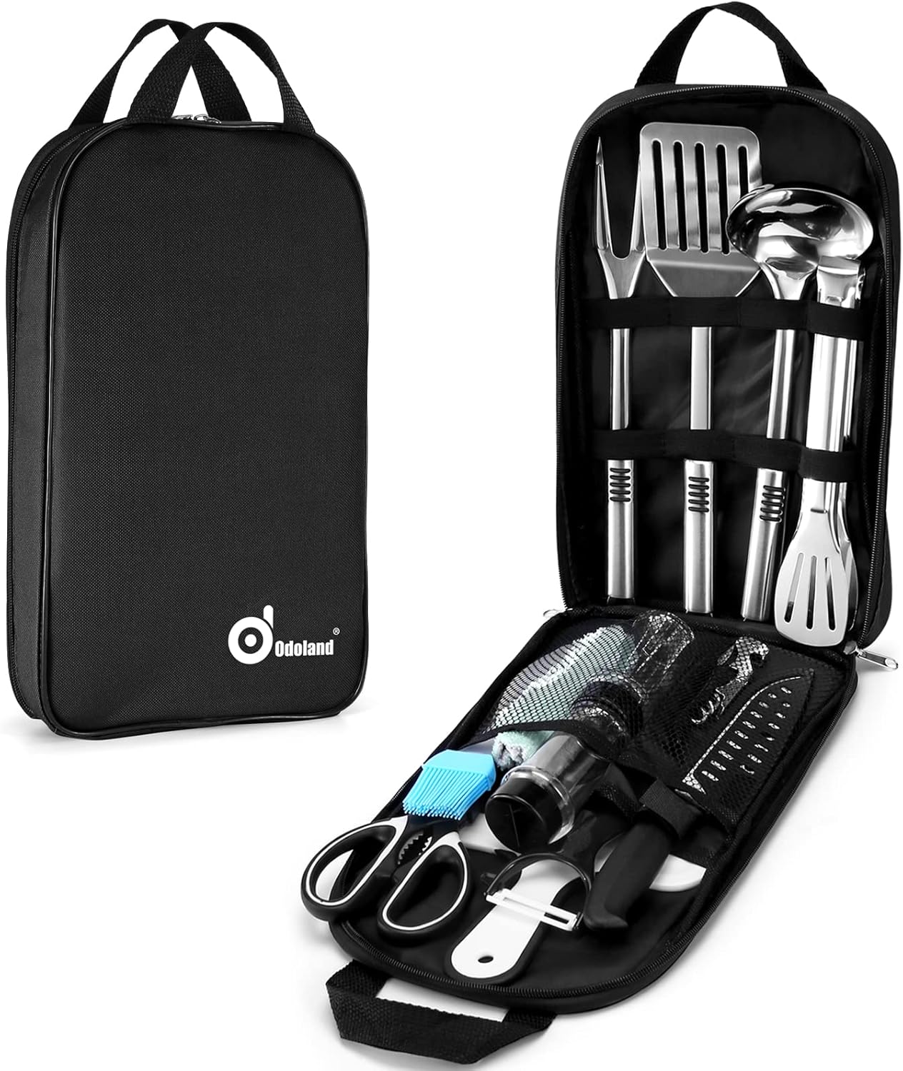 Odoland Bundle - 2 Items Folding Campfire Grill Camping Fire Pit and Camping Cookware Cooking Utensil Set Stainless Steel