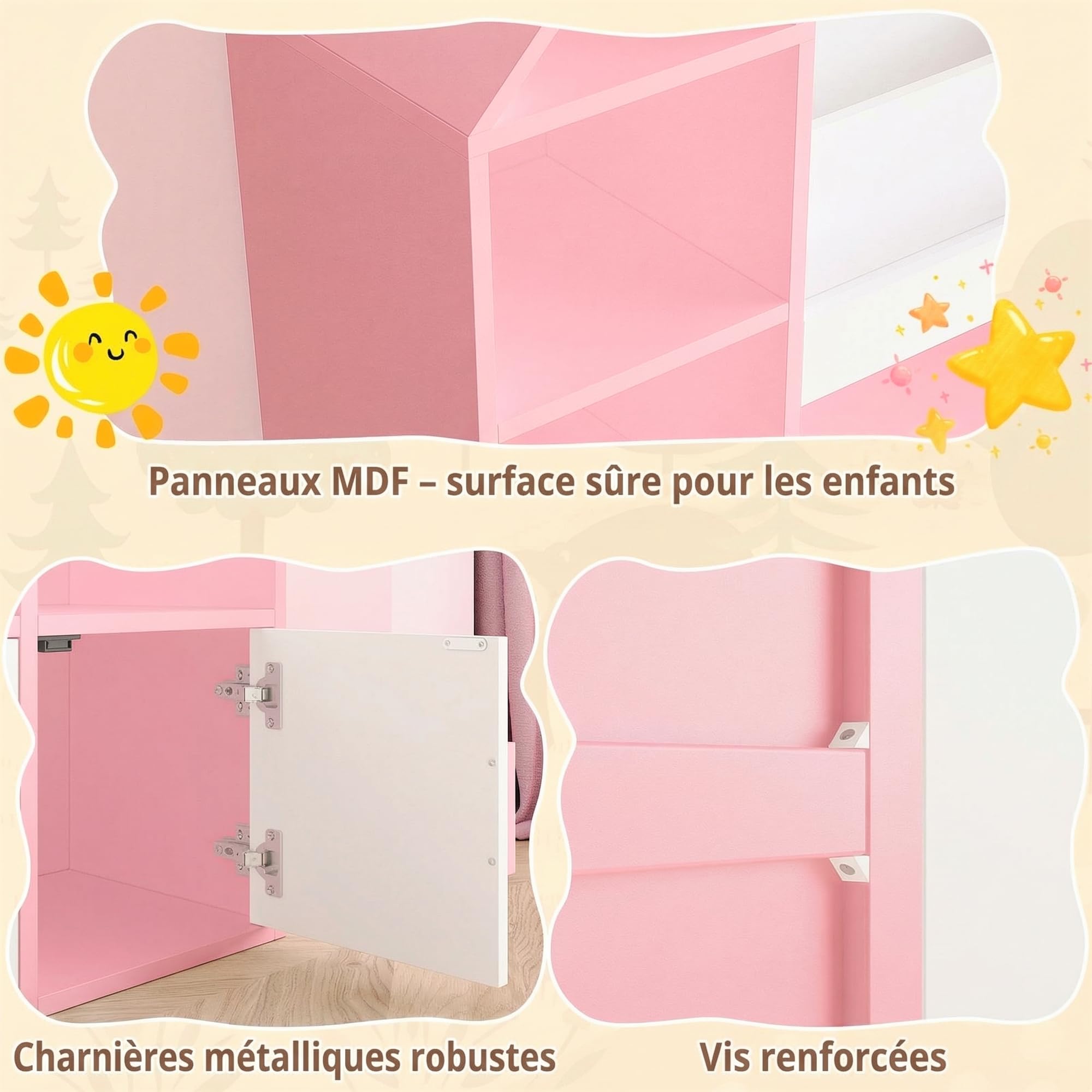 IRONCK Bibliothèque Enfant, Meuble Rangement Jouet, Meuble de Rangement Enfant, Étagère Ouverte à 4 Portes et 10 Étages, Design château, adapté d'enfant, Salon, Salle de Jeux 123.5x33x127cm (Rose)