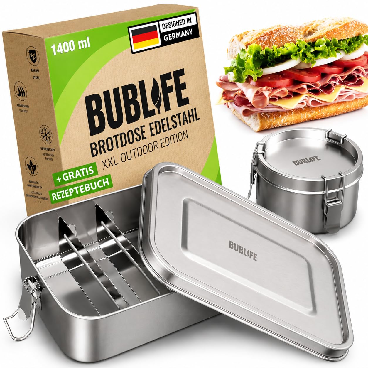 Boîte à repas 1400 ml en acier inoxydable avec compartiment | Bento étanche - lunchbox pour enfants et adultes