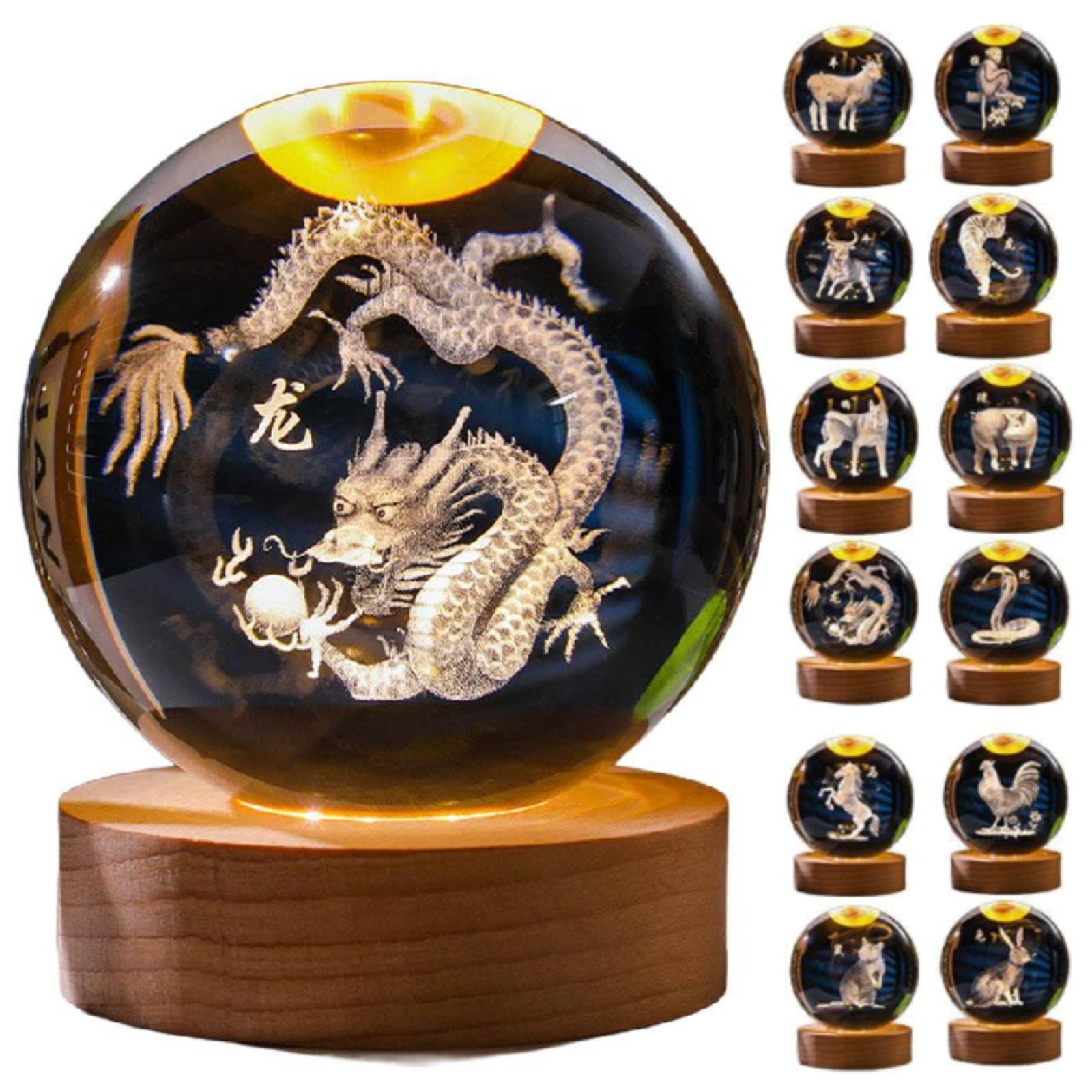 Chinese Zodiac Luminous Crystal Ball Night Light, Chinese Zodiac Horse 3D Crystal Ball with Wooden Lighting Base, Feng Shui Glass Sphere, New Year Birthday Gift, Home Furnishings (dragon 8cm)