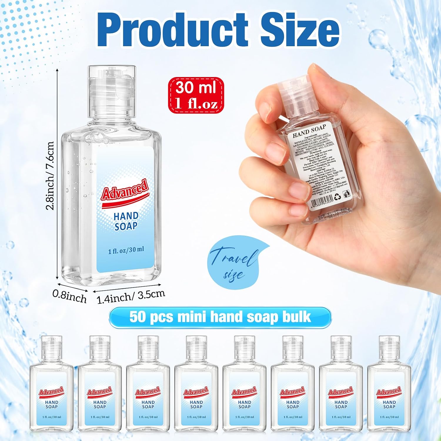 Capoda Travel Size Hand Soap Bulk Mini Scented Foaming Hand Sanitizer 1fl oz Small Liquid Soaps Appreciation Gift for Hotel Travel Bulk Bathroom Party Favors Donation(50 Pack,No Scent)