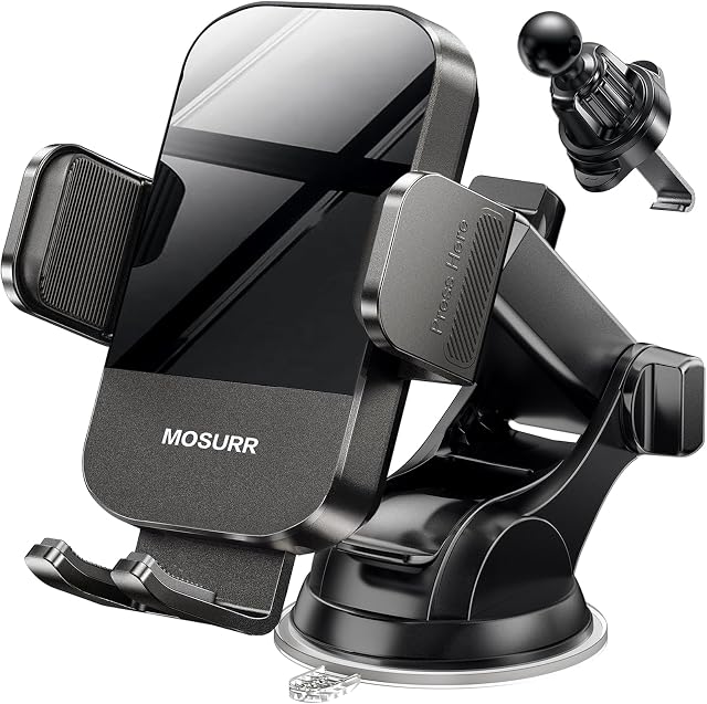 Mosurr Phone Holder Car Mount: Dual Installation (Suction & Vent Clip), 360° Rotation & Telescopic Arm for Stable GPS Navigation, Hands-Free Calls, Driving Safety, Gifts fits for All Phones 4.7-7 Inch