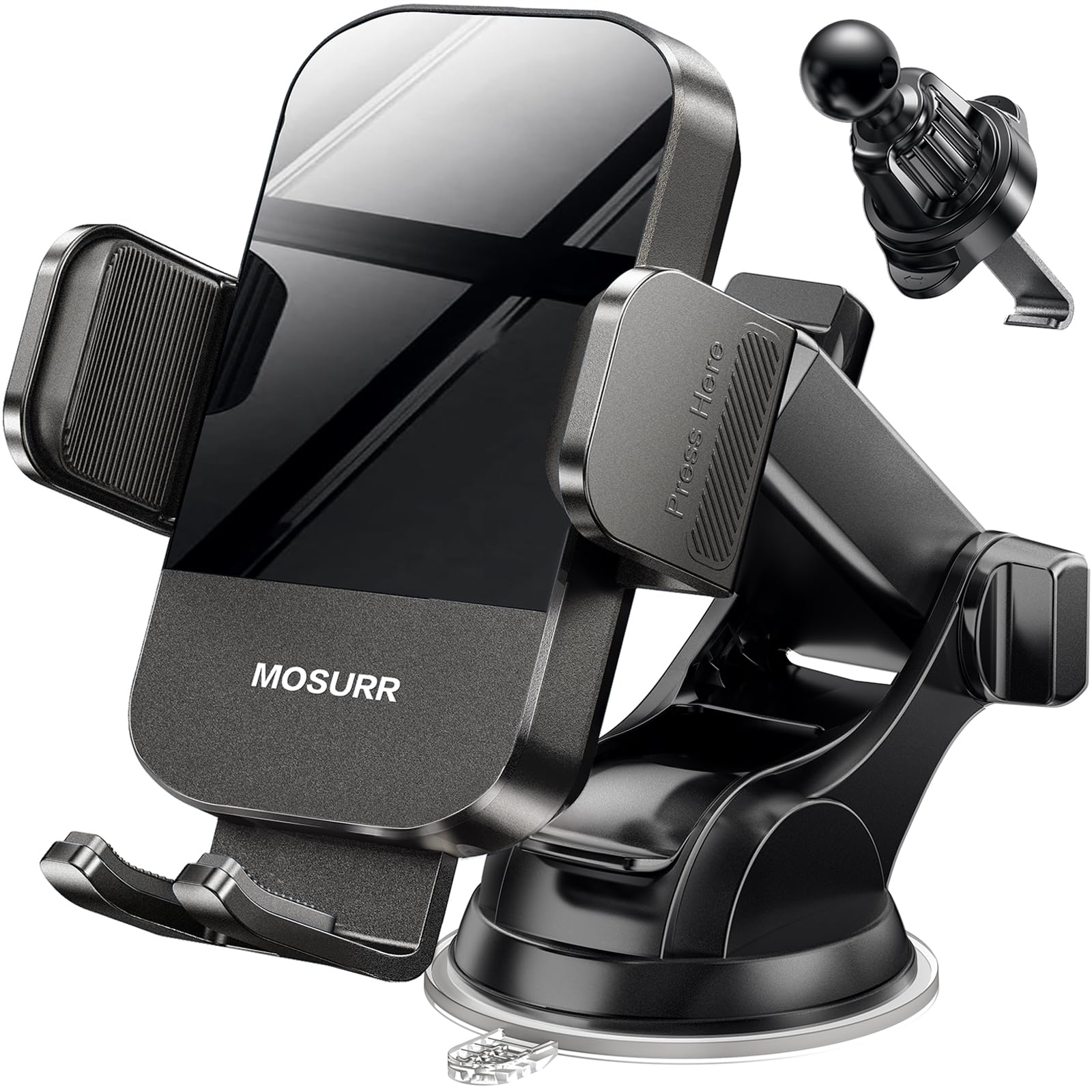 Mosurr Phone Holder Car Mount: Dual Installation (Suction & Vent Clip), 360° Rotation & Telescopic Arm for Stable GPS Navigation, Hands-Free Calls, Driving Safety, Gifts fits for All Phones 4.7-7 Inch