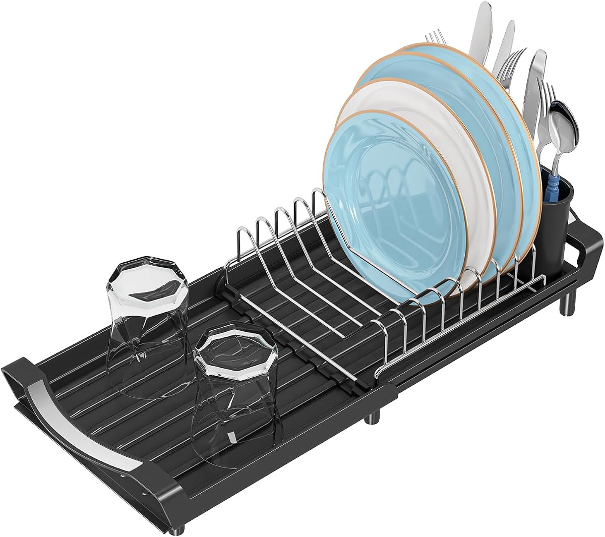 Simple Trending Small Dish Drying Rack, Compact Expandable Dish Rack with Cutlery Holder, Sink Dish Drainer for Kitchen Countertop, Black | Expandable Dish Drainer, Compact Dish Strainer for Kitchen Counter, Space Saving, Rustproof, Auto-Drainage, 17.1"D x 6.6"W