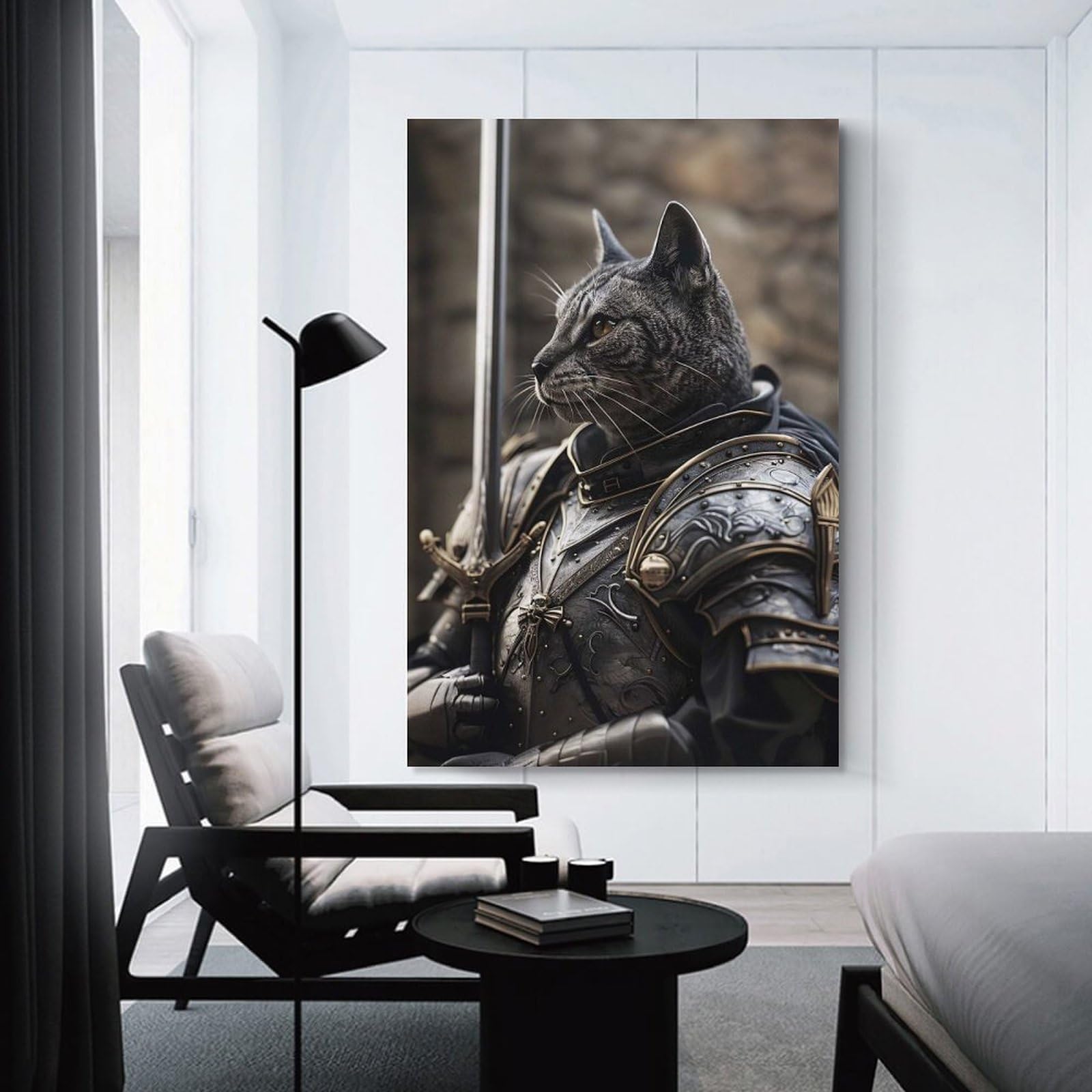 Junmoney Unframe-Style-13 Canvas Wall Picture Cat Knight In Armor, 24X36inch(60X90cm), For Home Lounge, Bedroom Or Reading Nook, A Home Accent With Warm Character