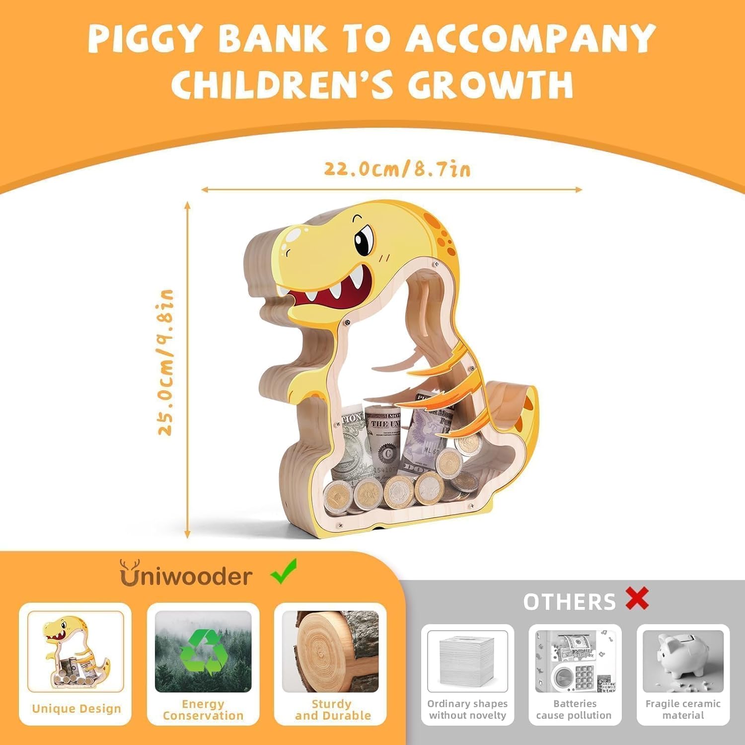 Wooden Dinosaur Piggy Bank for Kids, T-Rex Money Coin Bank for Boys, Unbreakable Dino Piggy Bank, DIY Kids Saving Coin Jar with Stickers, Toddler Birthday Gifts for Boys, Girls, Home Decor