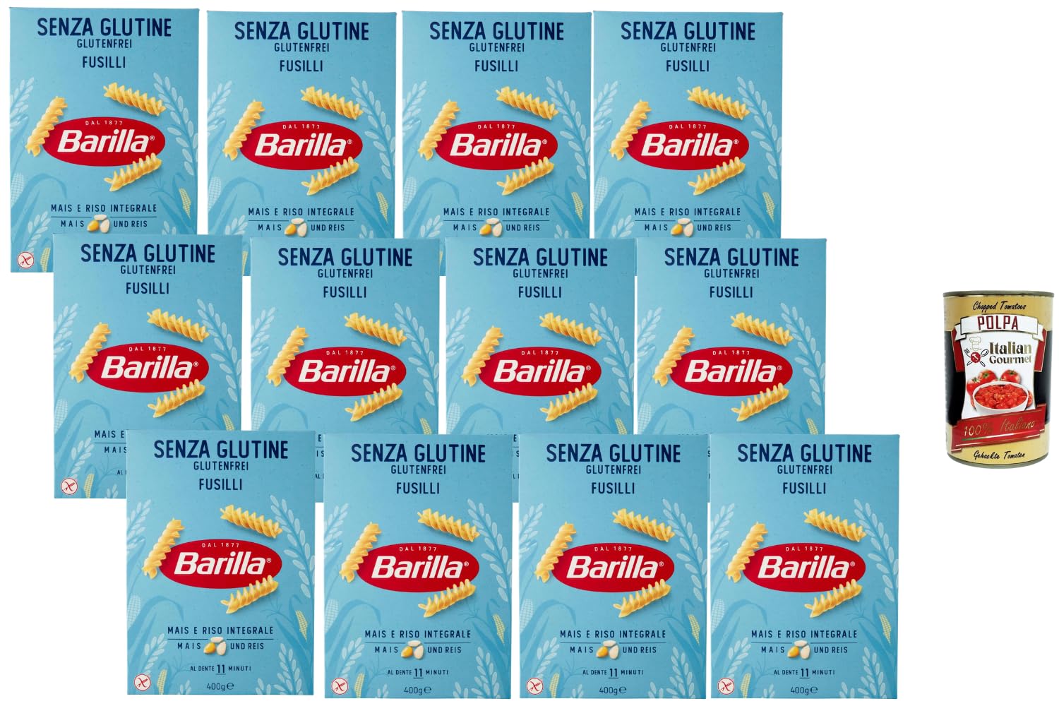 Italian Gourmet Bundle 12x 400g Glutenfreie Fusilli + Italian Gourmet Polpa – Mais & Vollkornreis Pasta – Barilla Senza Glutine Nudeln – Al Dente 11 Min – Vorratspackung 4,8kg