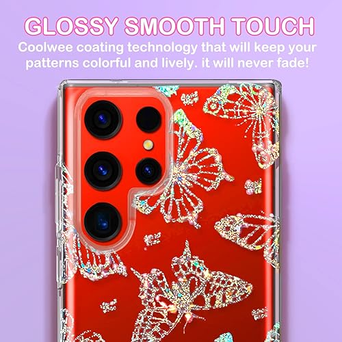 Miniatura 5 de Coolwee Funda transparente con purpurina para Galaxy S23 Ultra  6.8 pulgadas, diseño de flores, diseño de mariposa de cristal, para mujeres y niñas,
