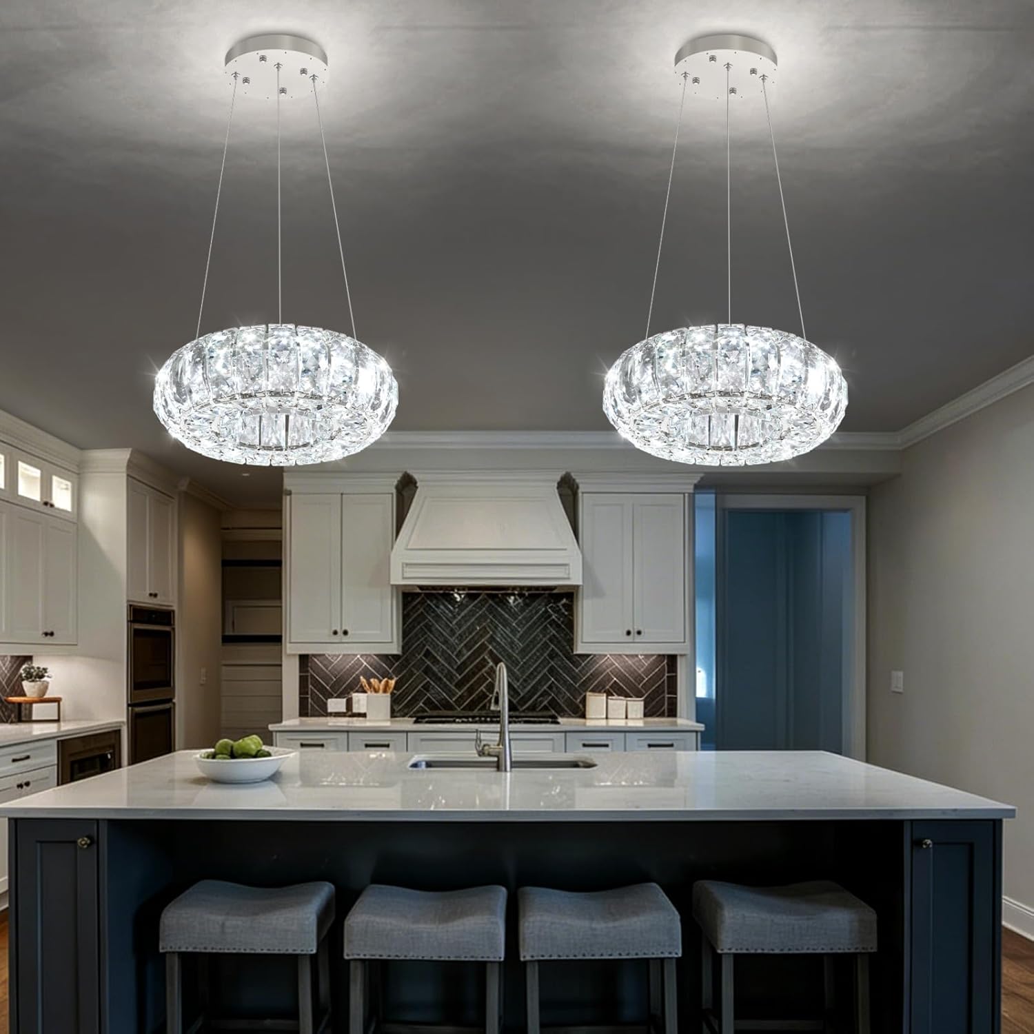 8" Modern Crystal Chandelier Dimmable Ring Pendant Light Round Crystal Chandeliers for Living Room Dining Room Bedroom Silver