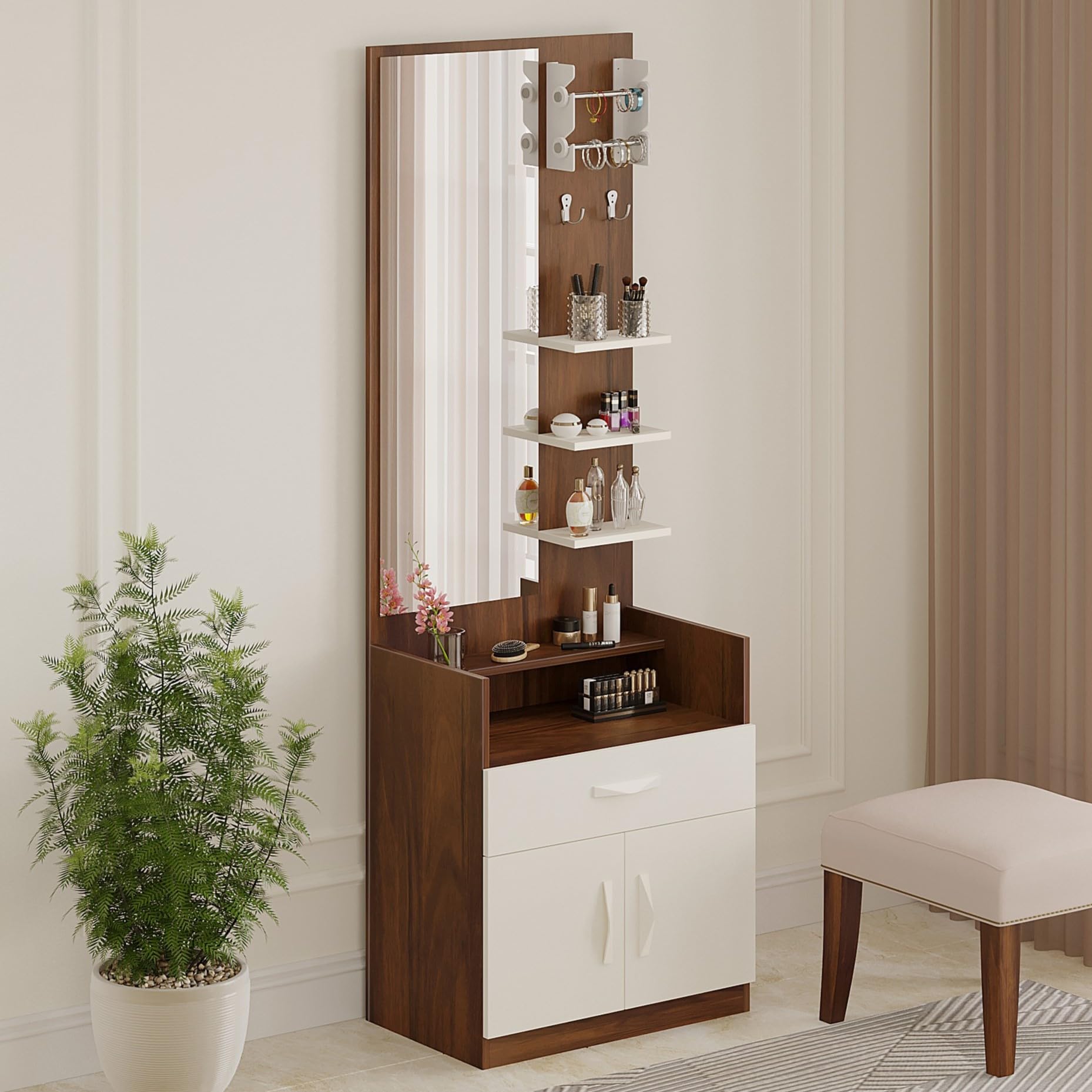 BLUEWUD Darci Engineered Wood Wall Mount/Floor Standing Dressing Table Organizer Makeup Vanity with Mirror Storage Shelves, Bangle Holder & Hooks for Bedroom Home Furniture (Brown Maple & White)-picture-10