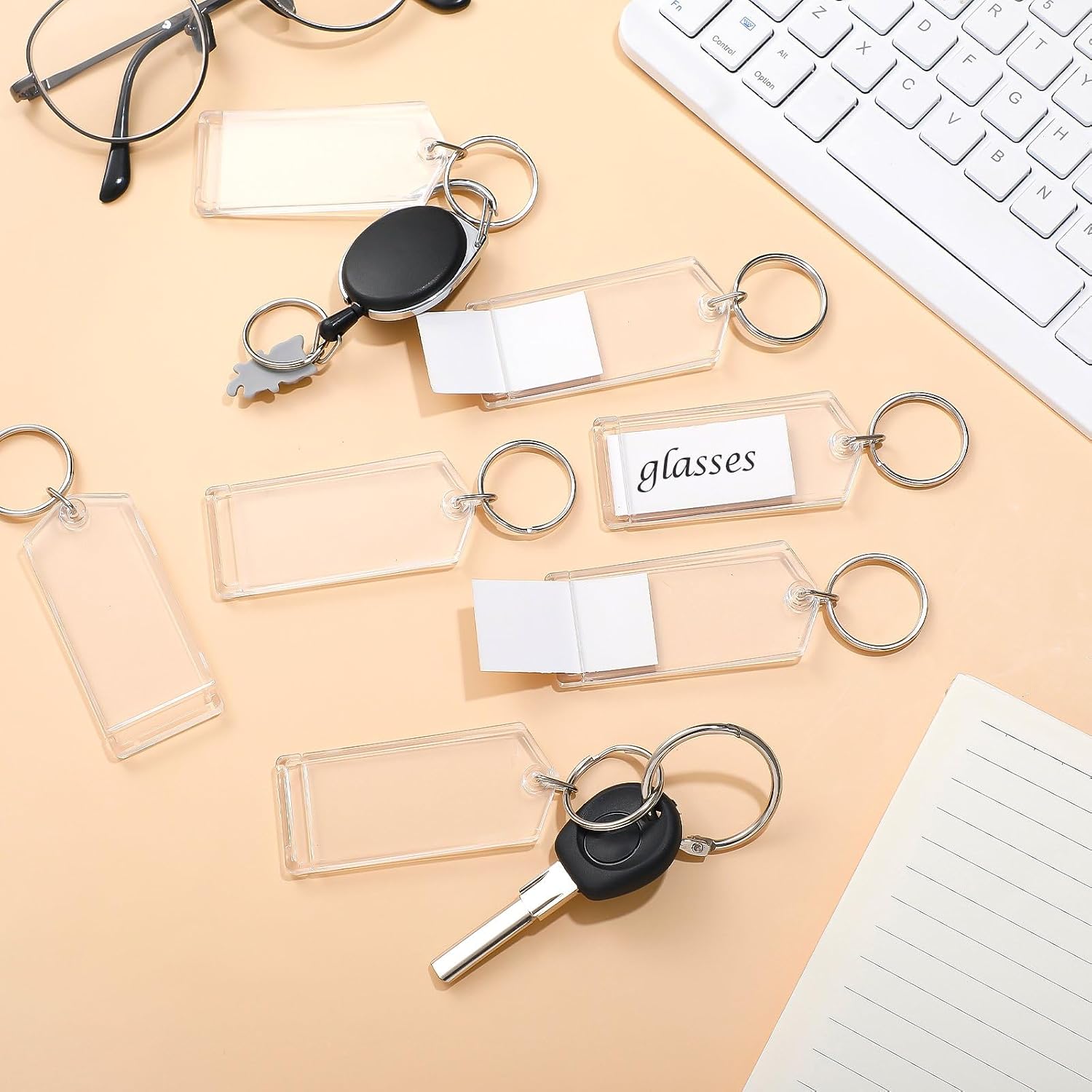 Huquary 3 Inch Plastic Key Tags Clear Slip Slot Photo Key Tag with Split Ring Chain Bulk for ID Luggage Office Pet DIY Favor