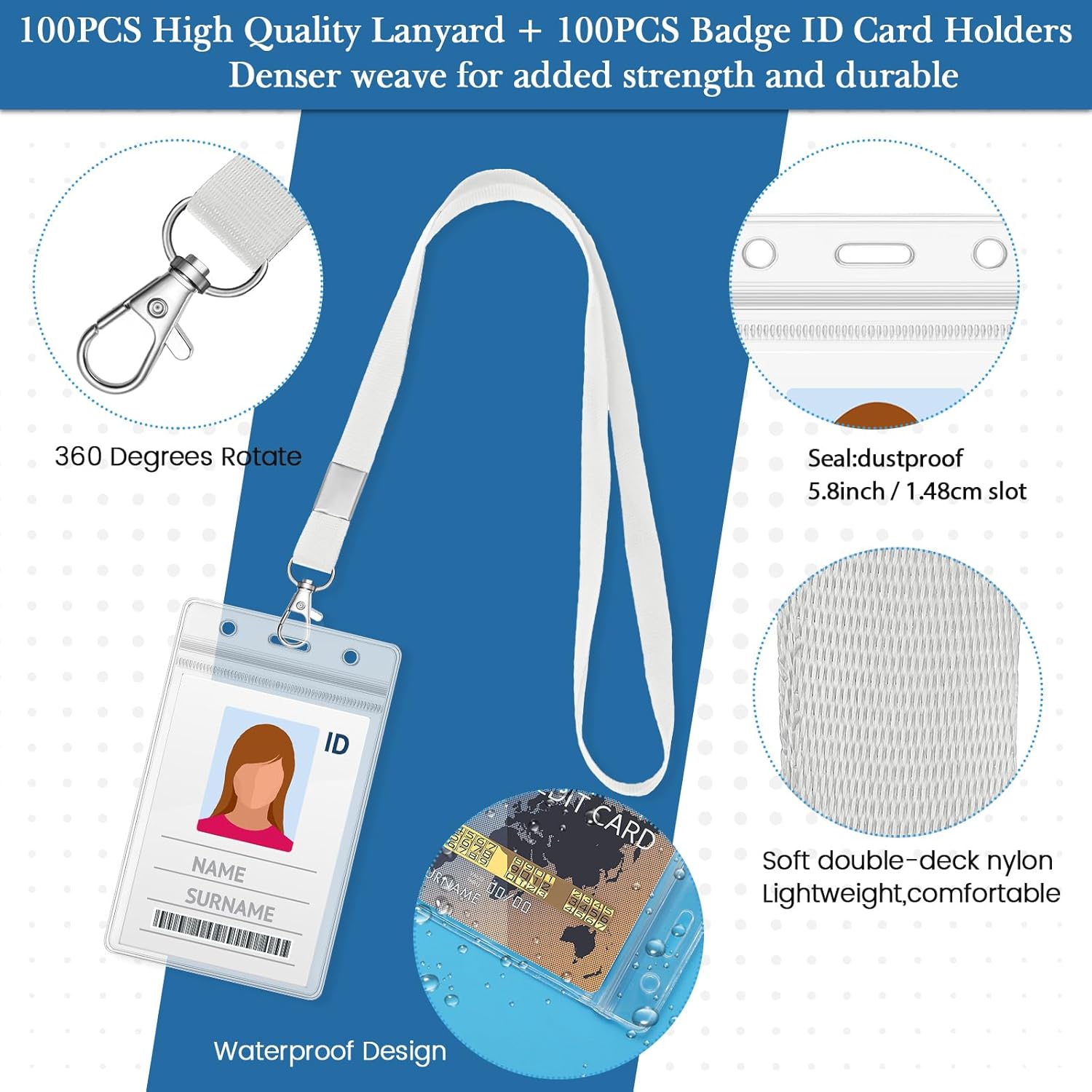 Shappy 100 Pcs Name Tag Lanyards with ID Holder Bulk Vertical Name Badge Holders Card Waterproof Clear Plastic Holder Transparent with Swivel Hook for Office Supplies 65 x 115 mm(White) - Image 3