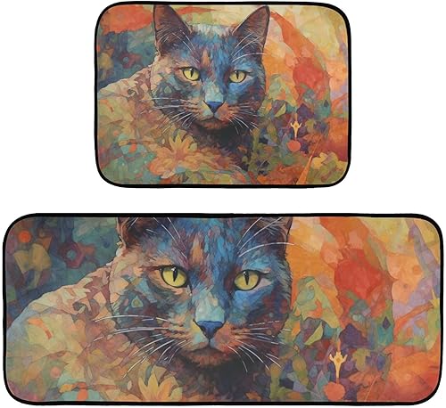 Miniatura 1 de Painting Cat Yellow Eye Kitchen Mat 2 Pcs Set, Low Pile Kitchen Rugs Cushioned Water Absorbent Washable Floor Mats for Kitchen Sink Laundry Room