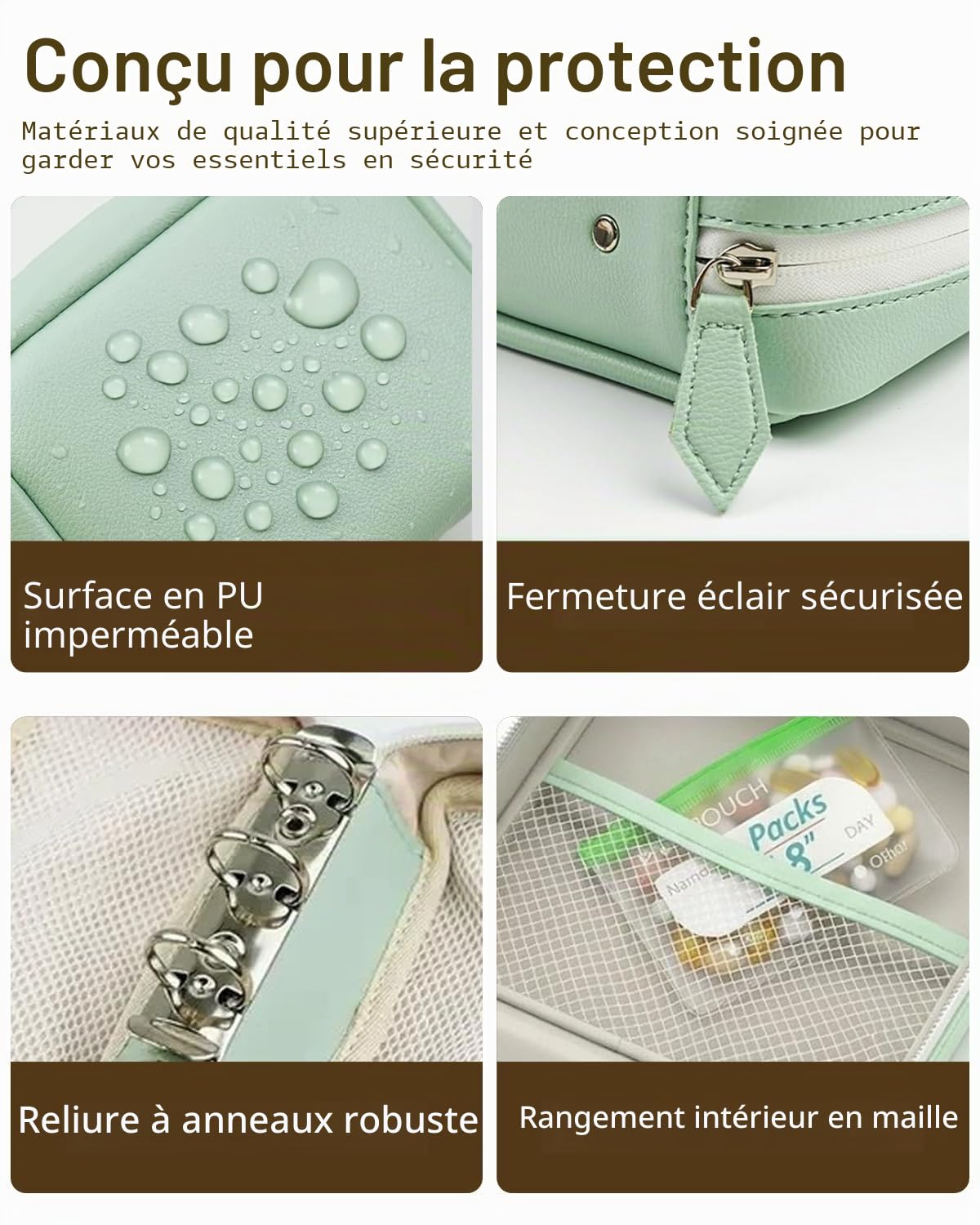 A8 Pilulier Organiseur Imperméable, 14 Pochettes à Médicaments avec Code Couleur, Trousse à Pharmacie Pratique et Réutilisable pour Usage Quotidien et Voyage (Vert)