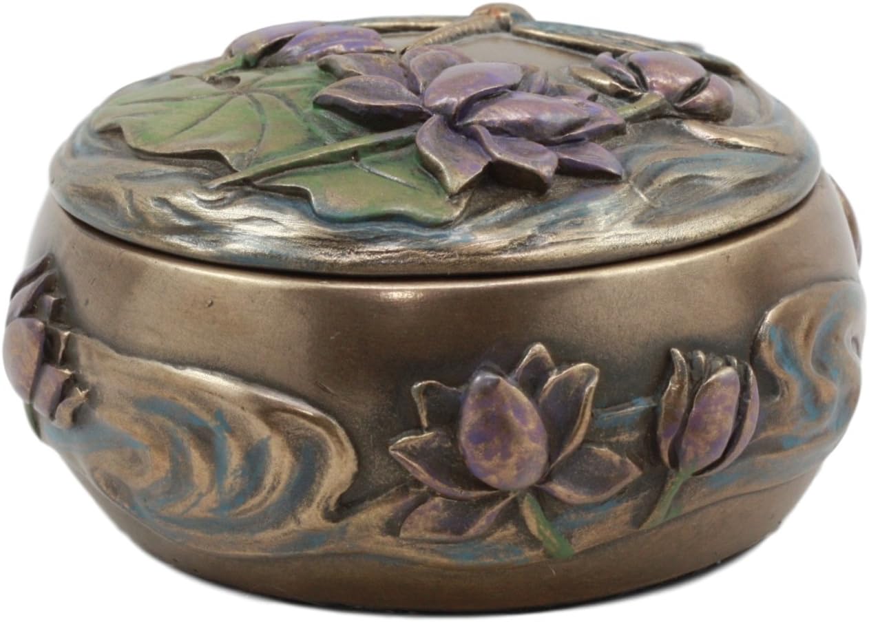 Ebros Dragonfly Flitting Over Lily Pad In The Pond Round Jewelry Box Secret Trinket Keepsake Figurine