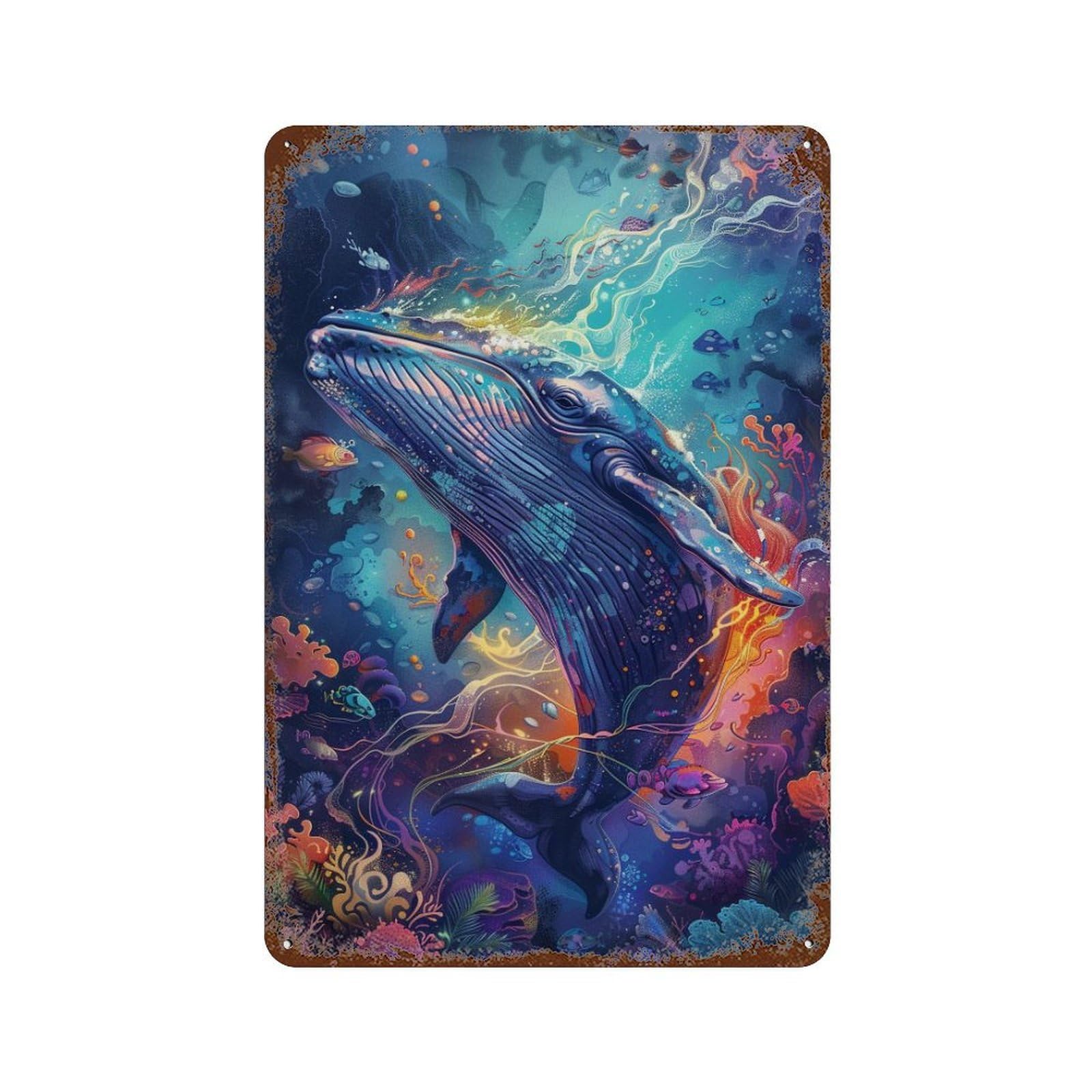 Whale Fantasy Underwater Scene Aged Metal Wall Plaque 11.8"x7.9", for Pub, Kitchen And Man Cave Decor, Decorative Metal Wall Art
